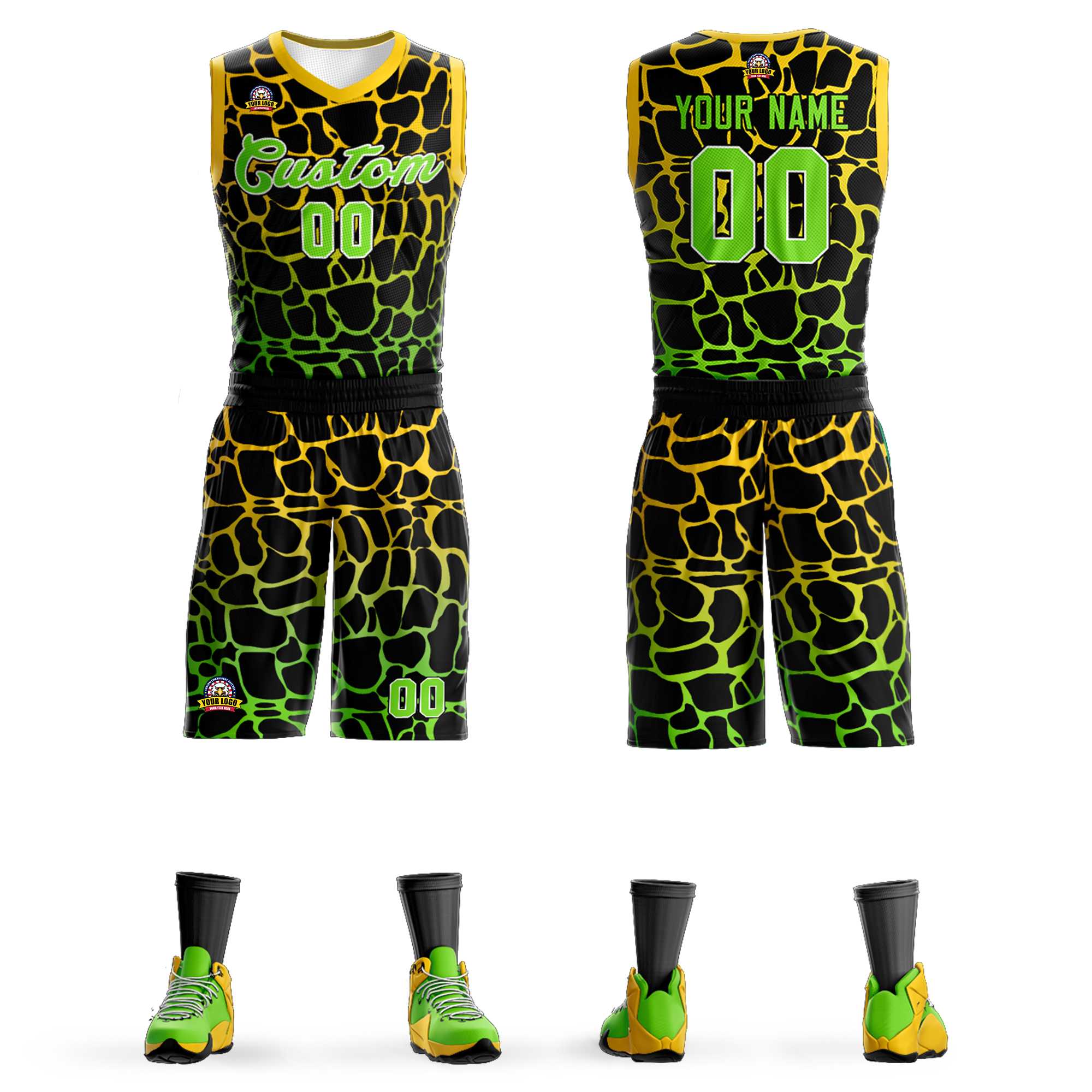 Benutzerdefinierte Schwarz Gold-Neon Grün Gefleckte Graffiti Muster Sport Uniform Basketball Jersey