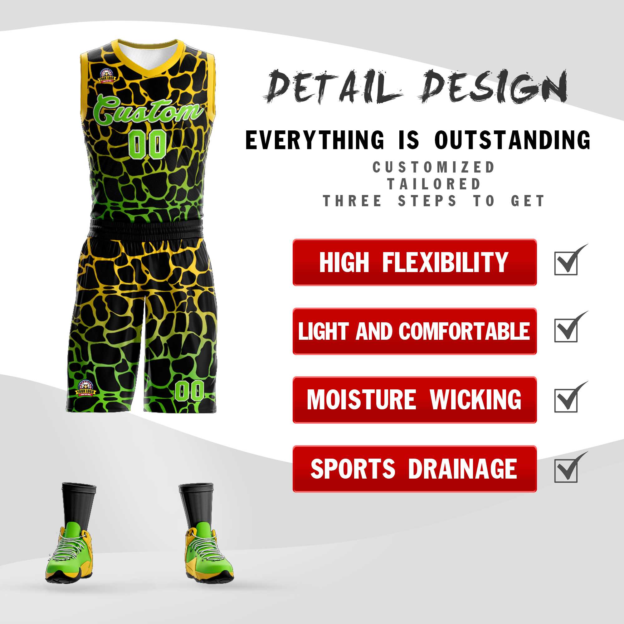 Benutzerdefinierte Schwarz Gold-Neon Grün Gefleckte Graffiti Muster Sport Uniform Basketball Jersey