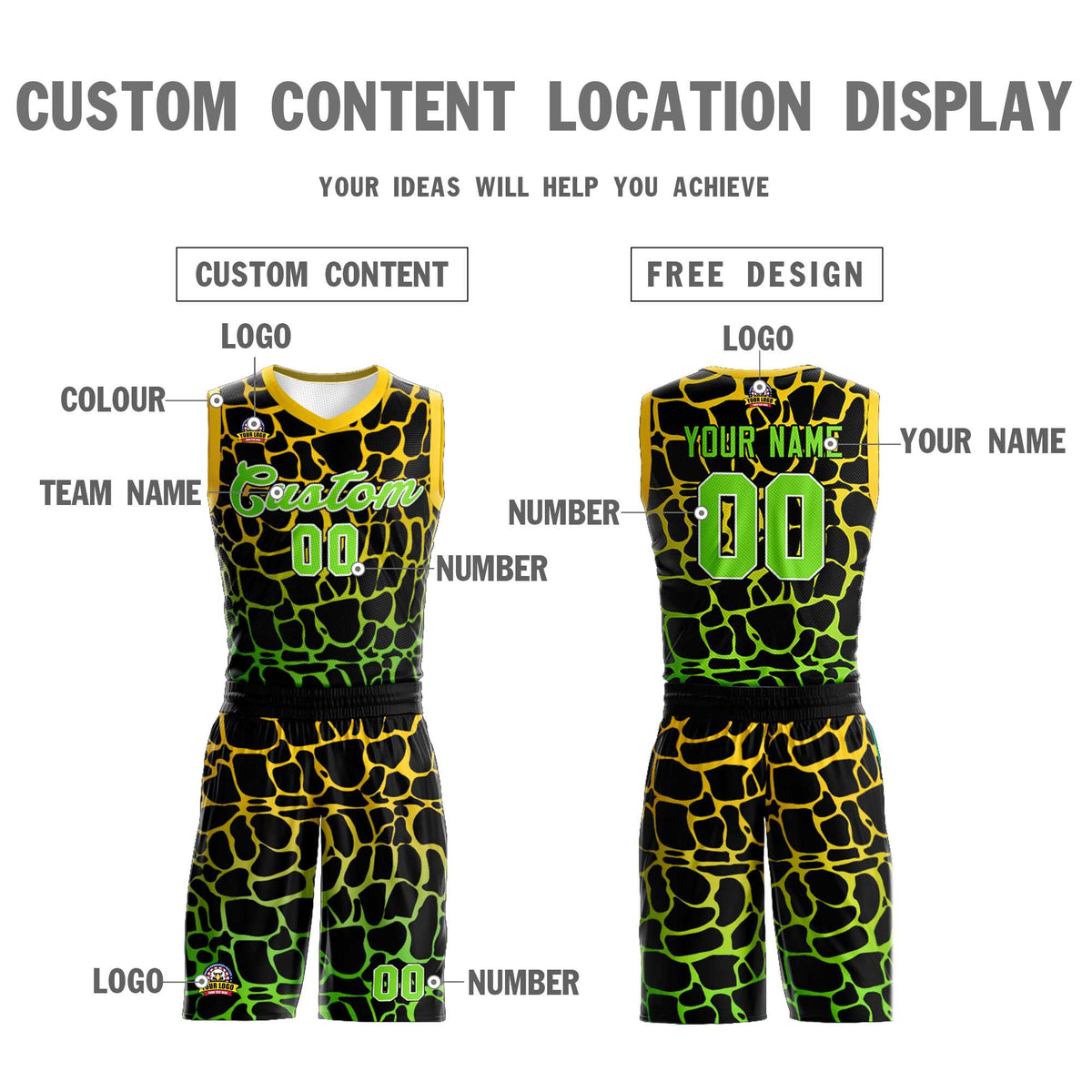 Maillot de basket-ball personnalisé à motif graffiti tacheté noir, or et vert fluo