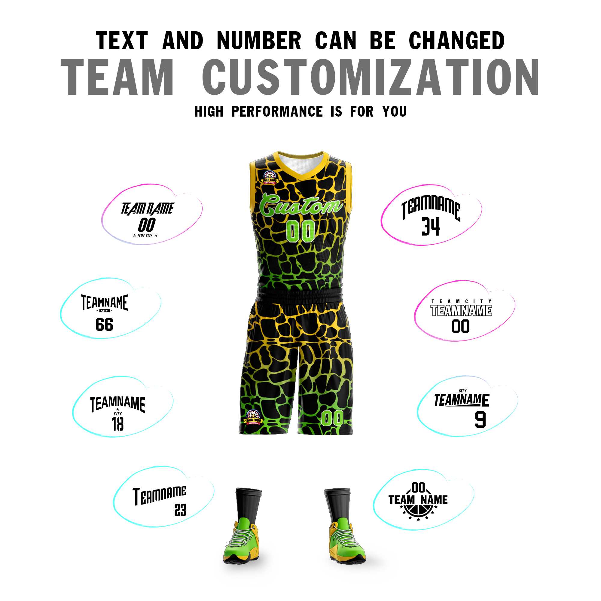Benutzerdefinierte Schwarz Gold-Neon Grün Gefleckte Graffiti Muster Sport Uniform Basketball Jersey