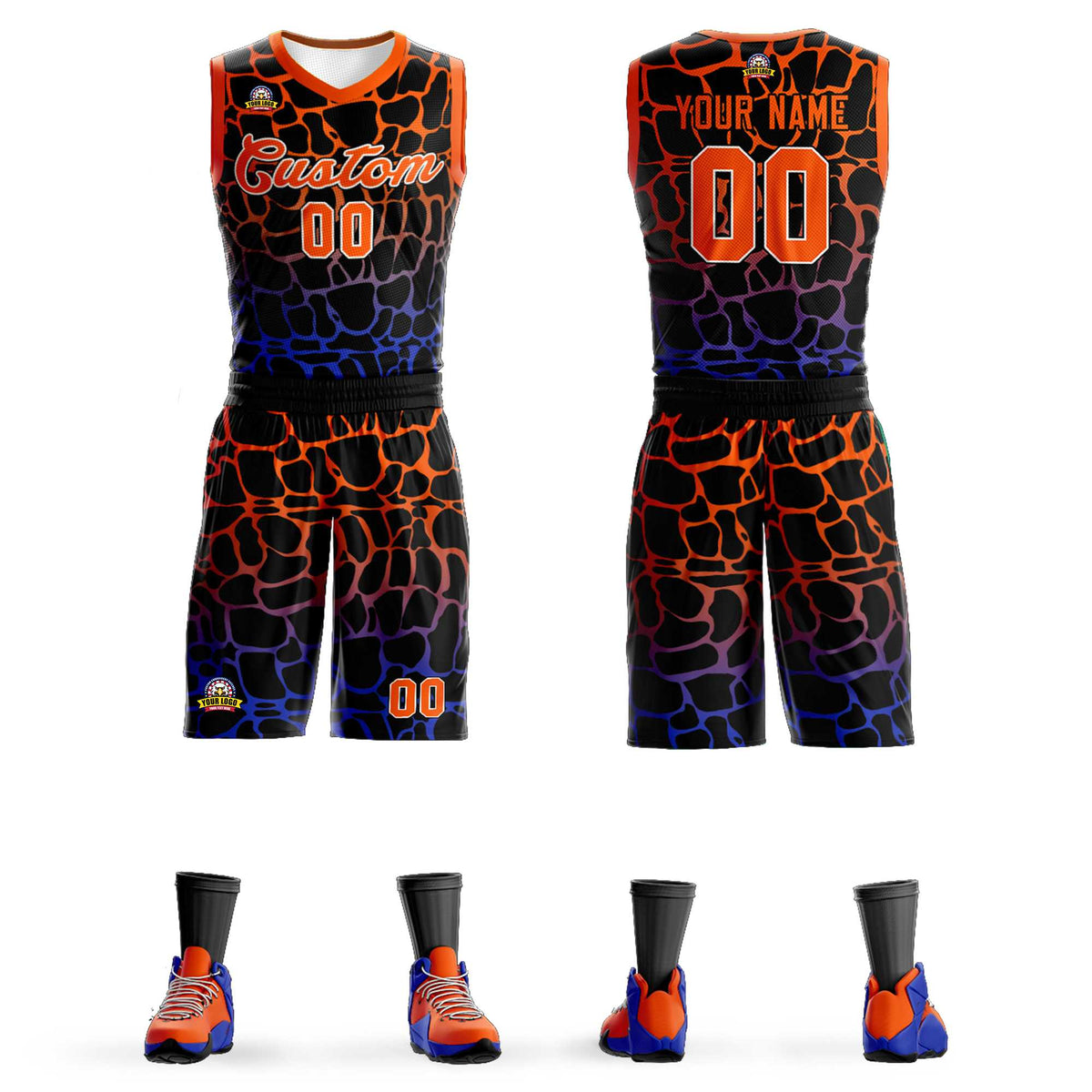 Maillot de basket-ball personnalisé à motif graffiti tacheté noir orange-bleu