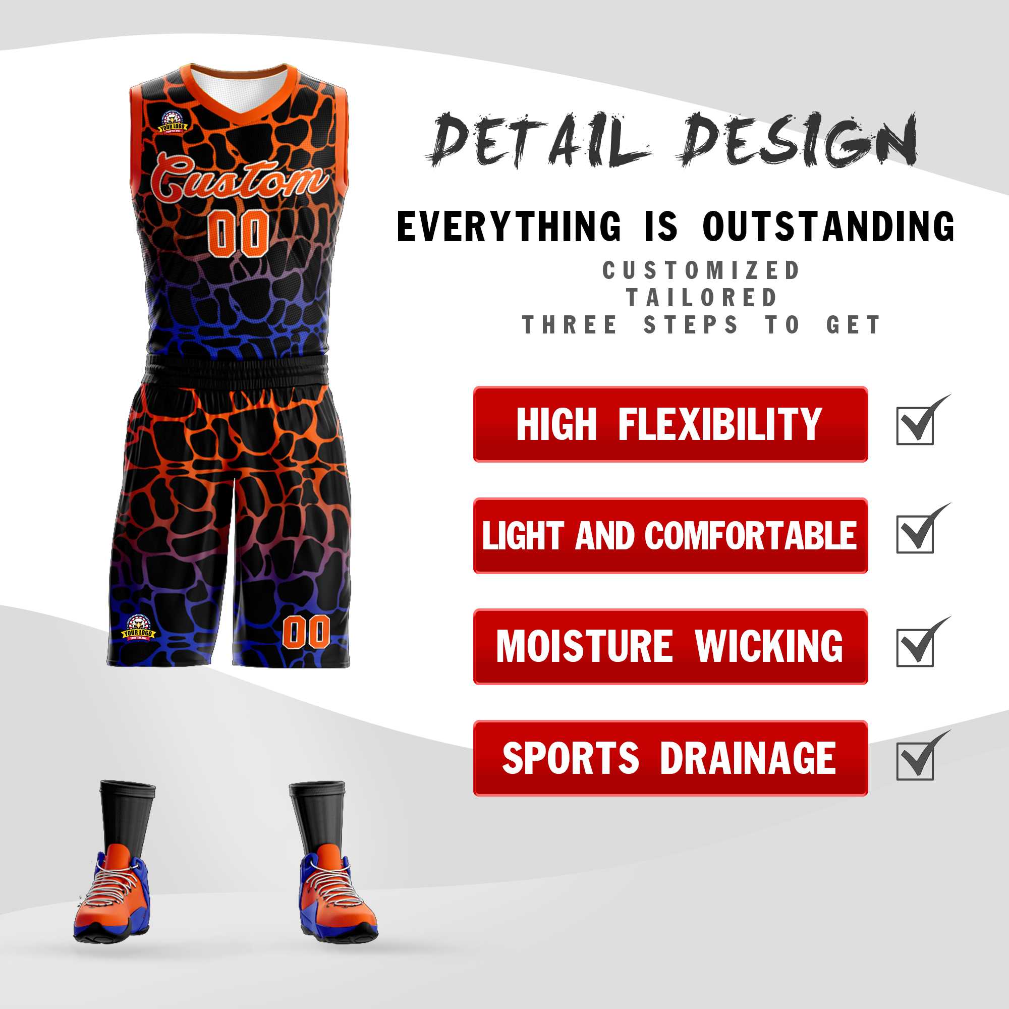 Benutzerdefinierte schwarz orange-blau gefleckt Graffiti Muster Sport Uniform Basketball Jersey