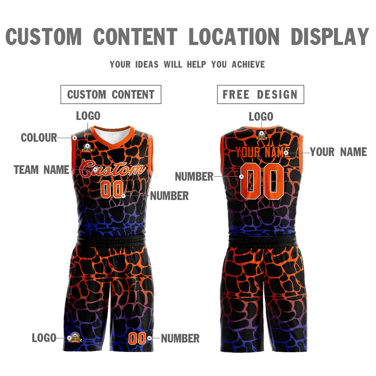 Maillot de basket-ball personnalisé à motif graffiti tacheté noir orange-bleu