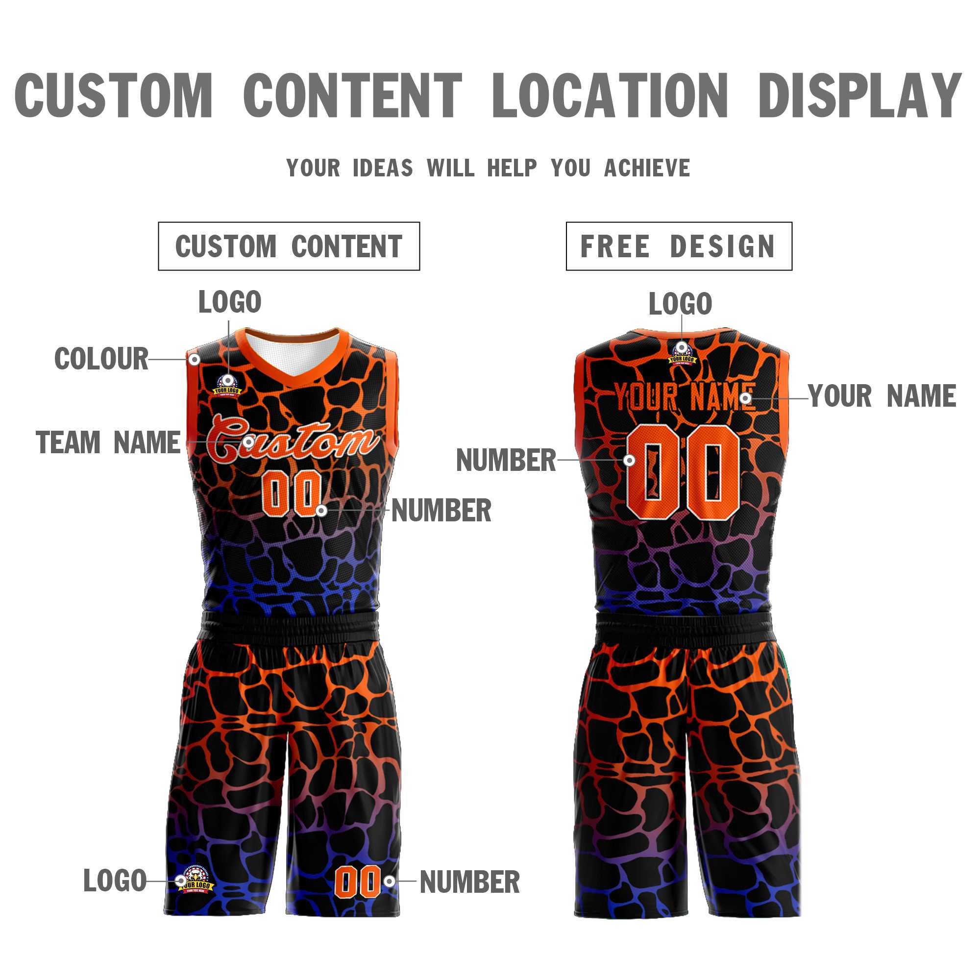 Benutzerdefinierte schwarz orange-blau gefleckt Graffiti Muster Sport Uniform Basketball Jersey