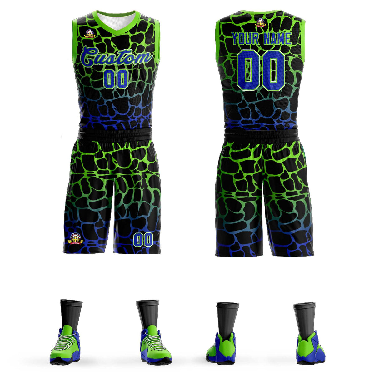 Maillot de basket-ball personnalisé à motif graffiti tacheté noir vert-bleu