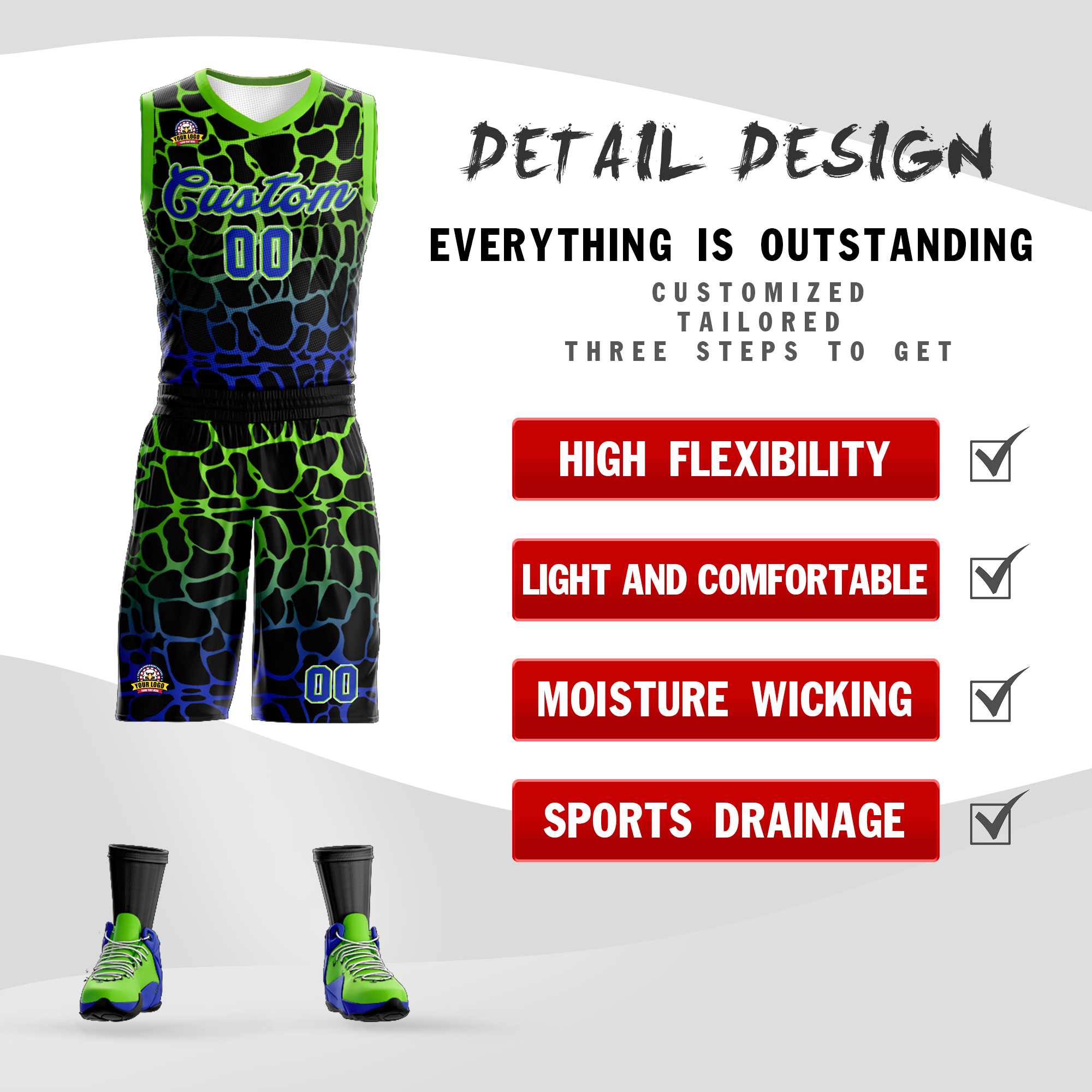 Benutzerdefinierte schwarz grün-blau gefleckt Graffiti Muster Sport Uniform Basketball Jersey
