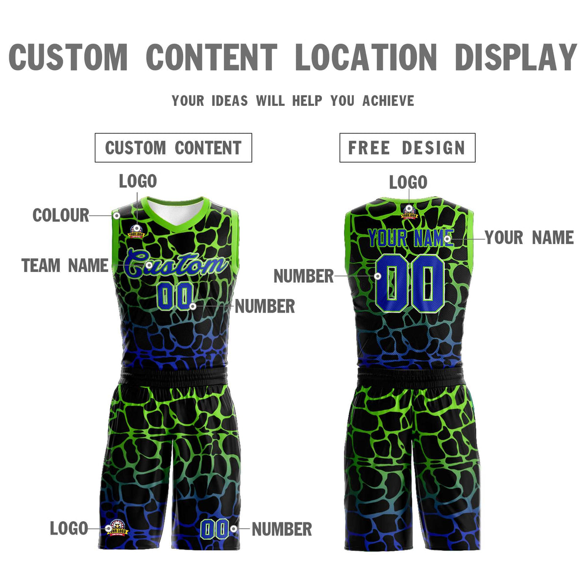 Maillot de basket-ball personnalisé à motif graffiti tacheté noir vert-bleu
