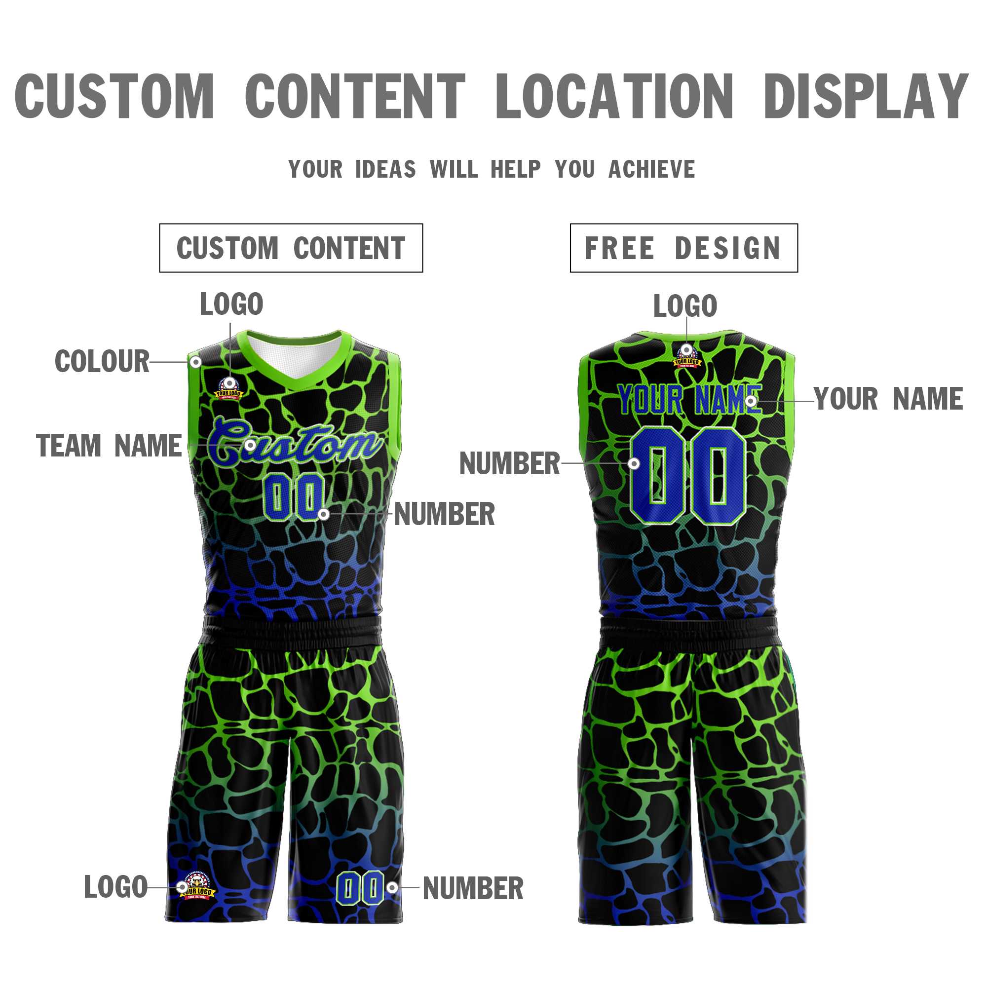 Benutzerdefinierte schwarz grün-blau gefleckt Graffiti Muster Sport Uniform Basketball Jersey