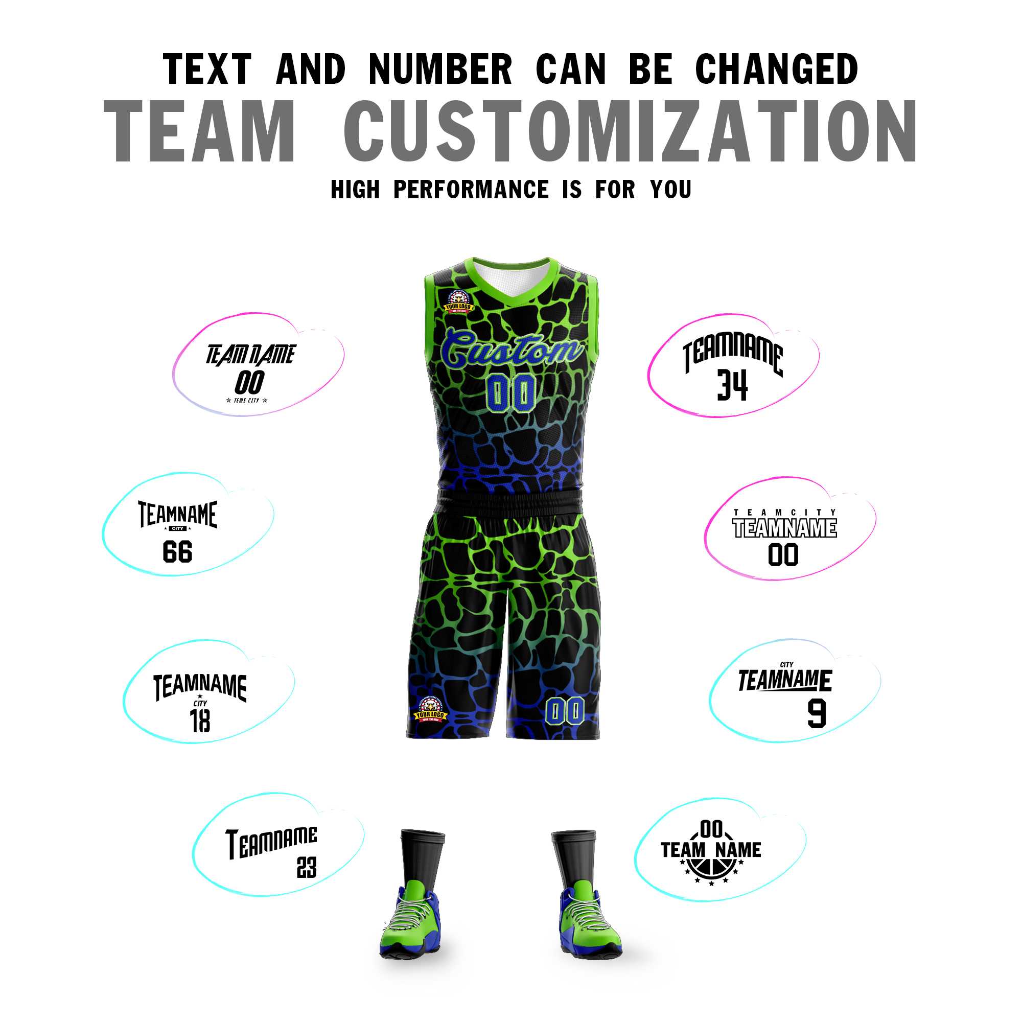 Benutzerdefinierte schwarz grün-blau gefleckt Graffiti Muster Sport Uniform Basketball Jersey