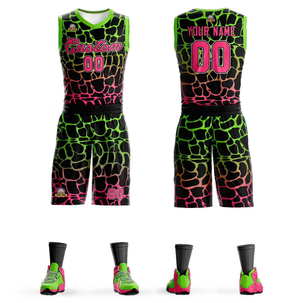 Maillot de basket-ball personnalisé à motif graffiti tacheté noir vert-rose