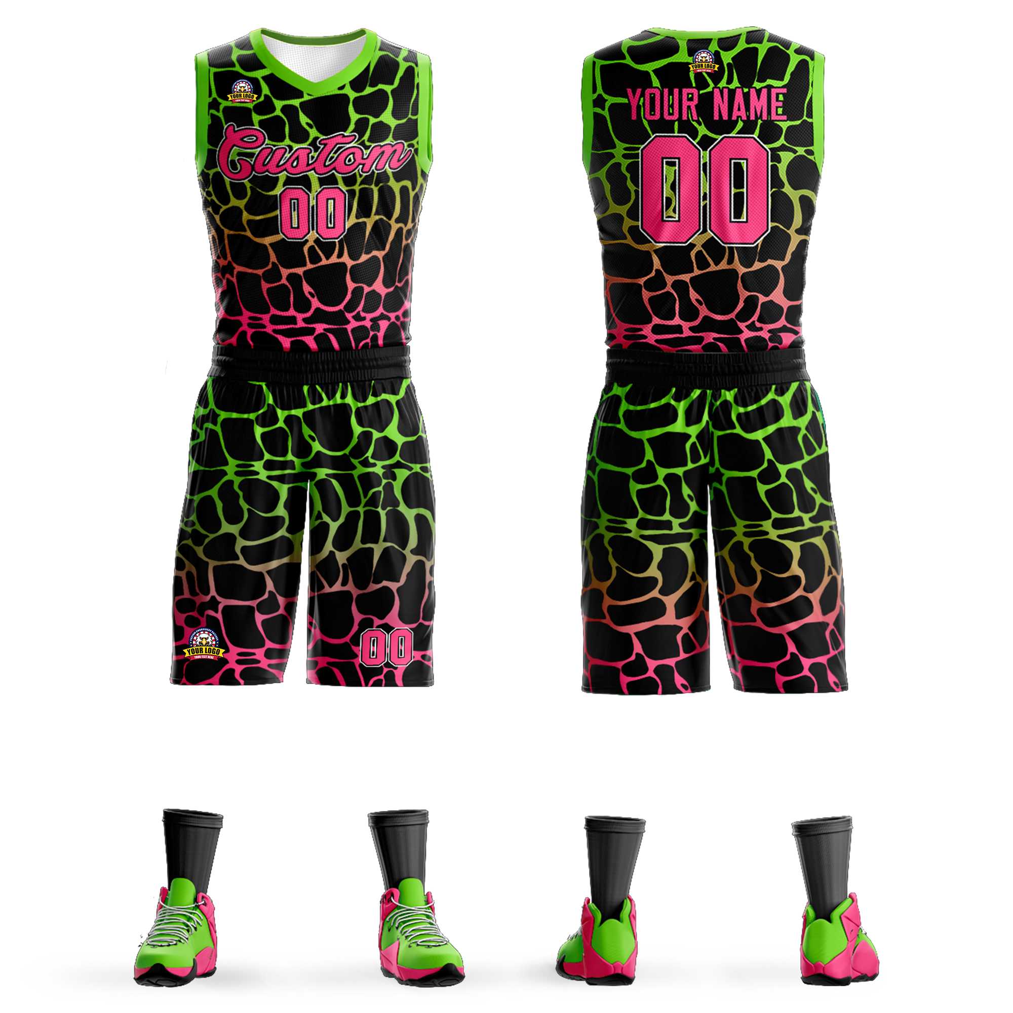 Benutzerdefinierte schwarz grün-pink gefleckt Graffiti Muster Sport Uniform Basketball Jersey
