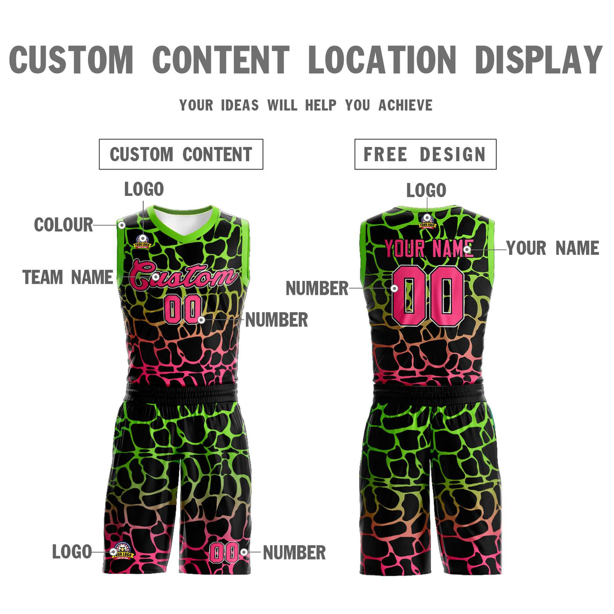 Maillot de basket-ball personnalisé à motif graffiti tacheté noir vert-rose