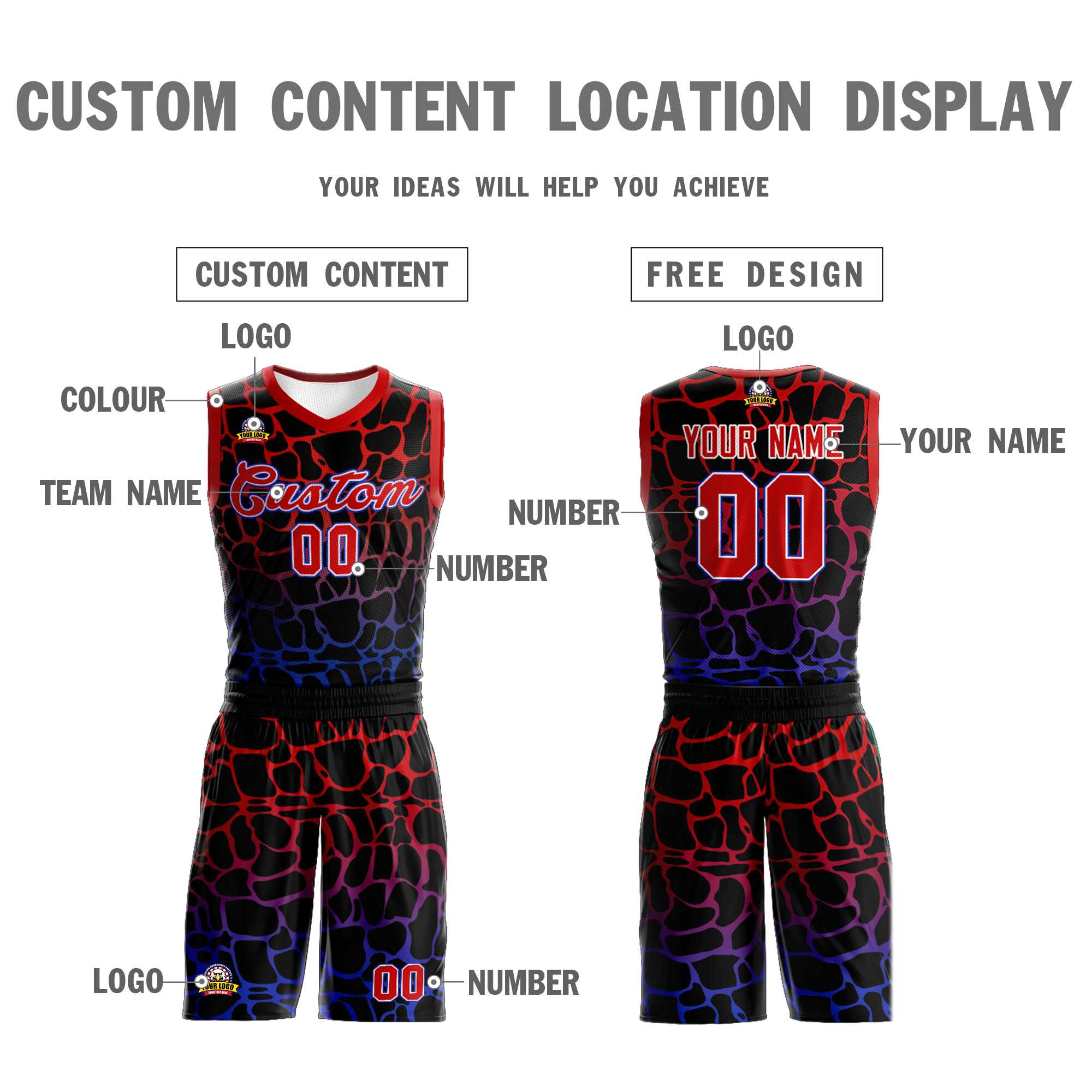 Custom Schwarz Rosa-Blau Gefleckte Graffiti Muster Sport Uniform Basketball Jersey