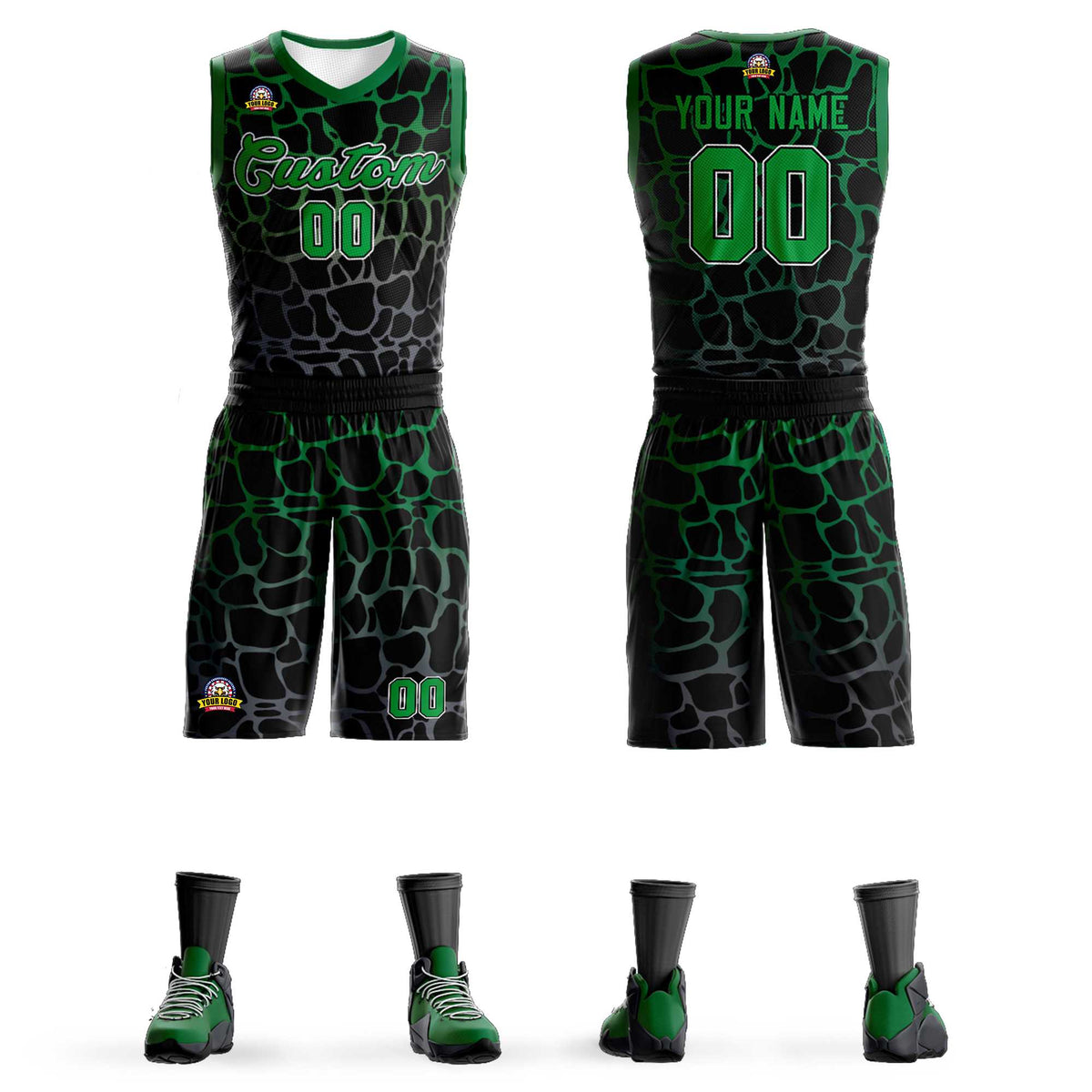 Maillot de basket-ball personnalisé noir à motif graffiti tacheté vert-gris Kelly
