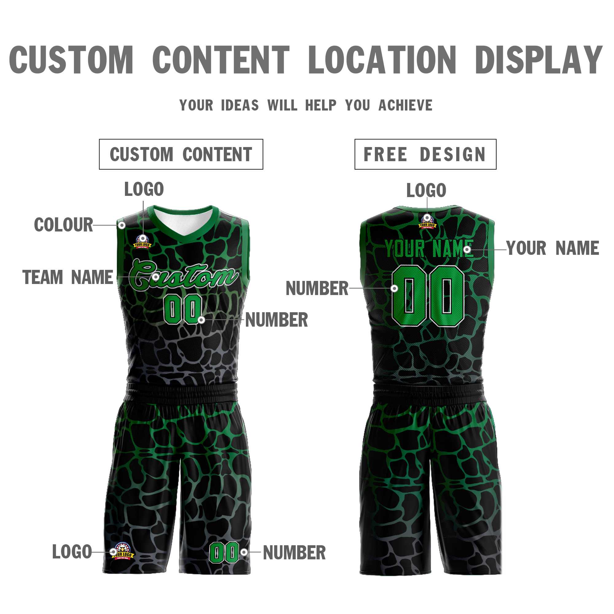 Benutzerdefinierte schwarz Kelly grün-grau gefleckt Graffiti Muster Sport Uniform Basketball Jersey