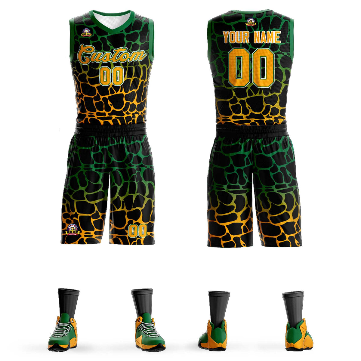Maillot de basket-ball personnalisé noir Kelly vert-jaune à motif graffiti tacheté