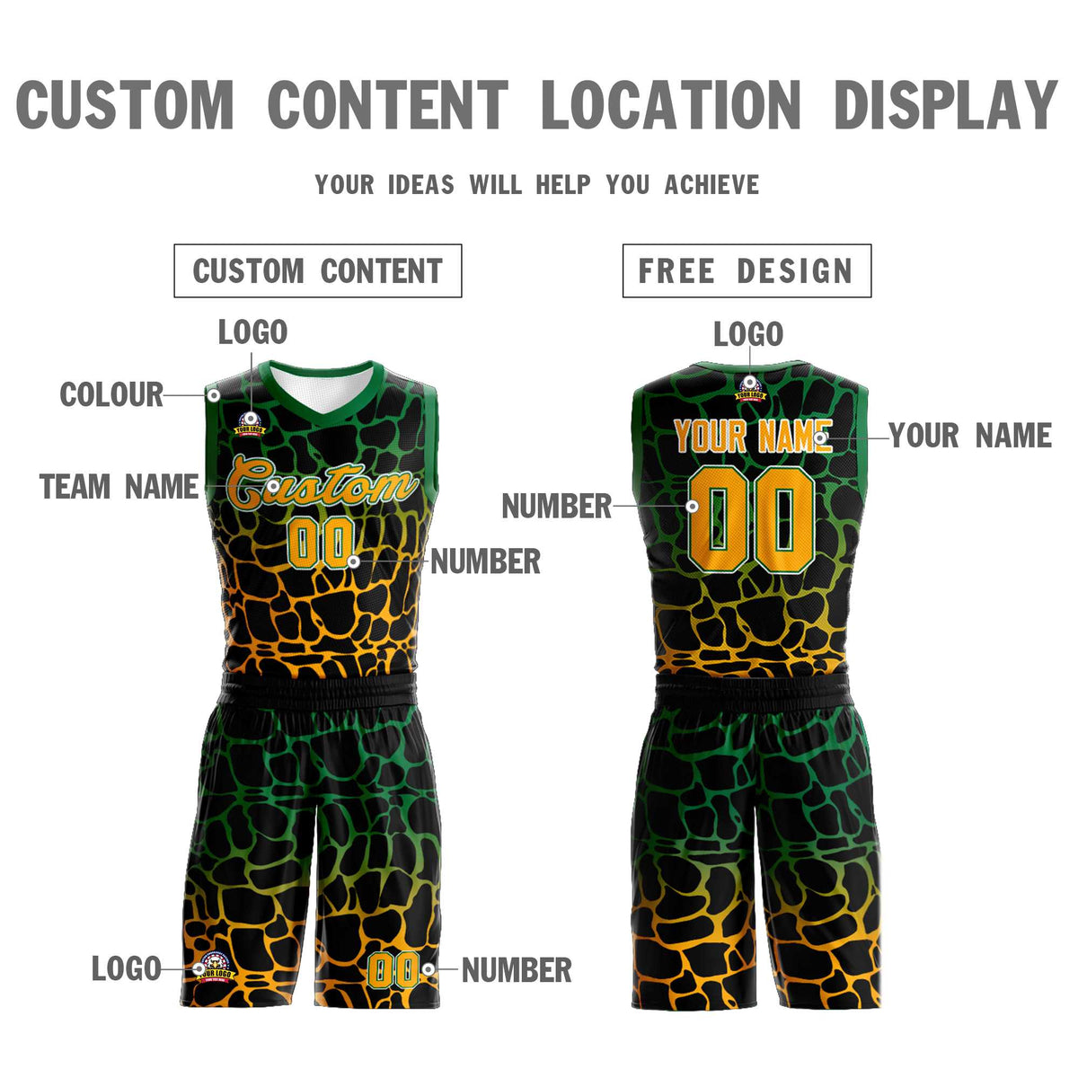 Maillot de basket-ball personnalisé noir Kelly vert-jaune à motif graffiti tacheté