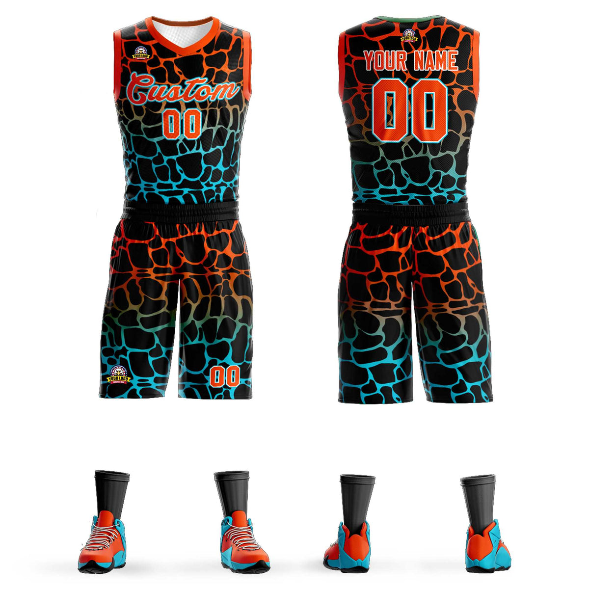 Maillot de basket-ball personnalisé à motif graffiti tacheté noir orange-bleu