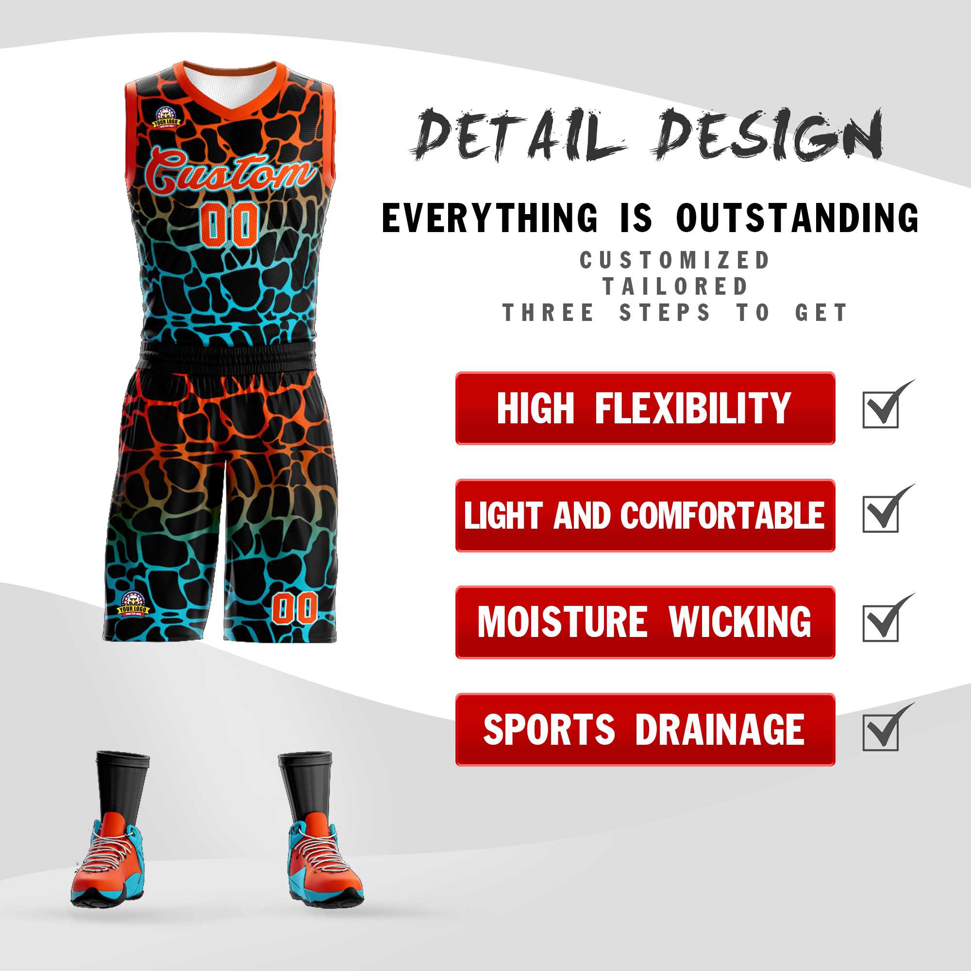 Benutzerdefinierte schwarz orange-blau gefleckt Graffiti Muster Sport Uniform Basketball Jersey
