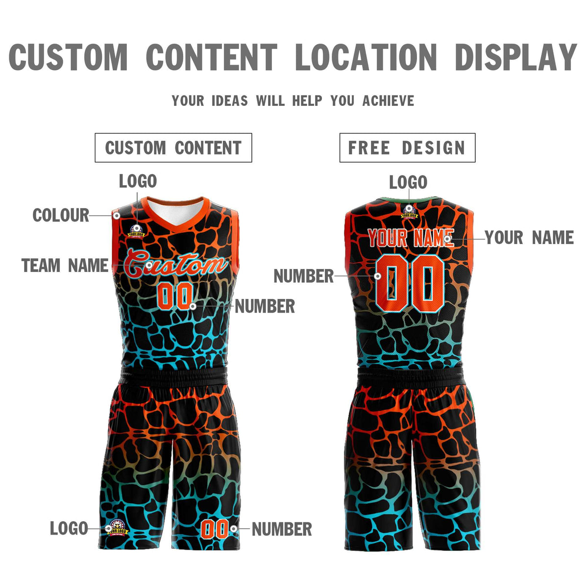 Maillot de basket-ball personnalisé à motif graffiti tacheté noir orange-bleu
