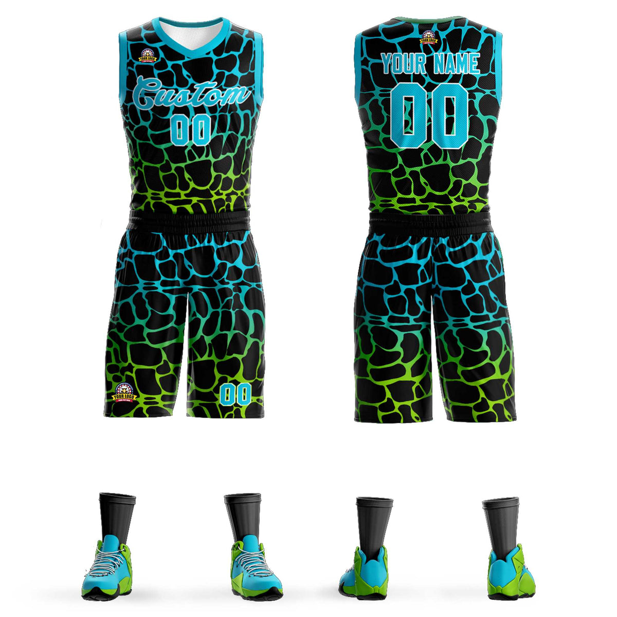 Maillot de basket-ball personnalisé à motif graffiti tacheté noir bleu ciel et vert fluo