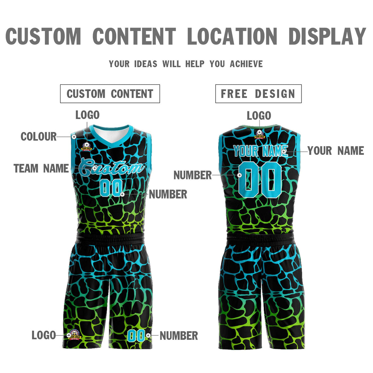 Maillot de basket-ball personnalisé à motif graffiti tacheté noir bleu ciel et vert fluo