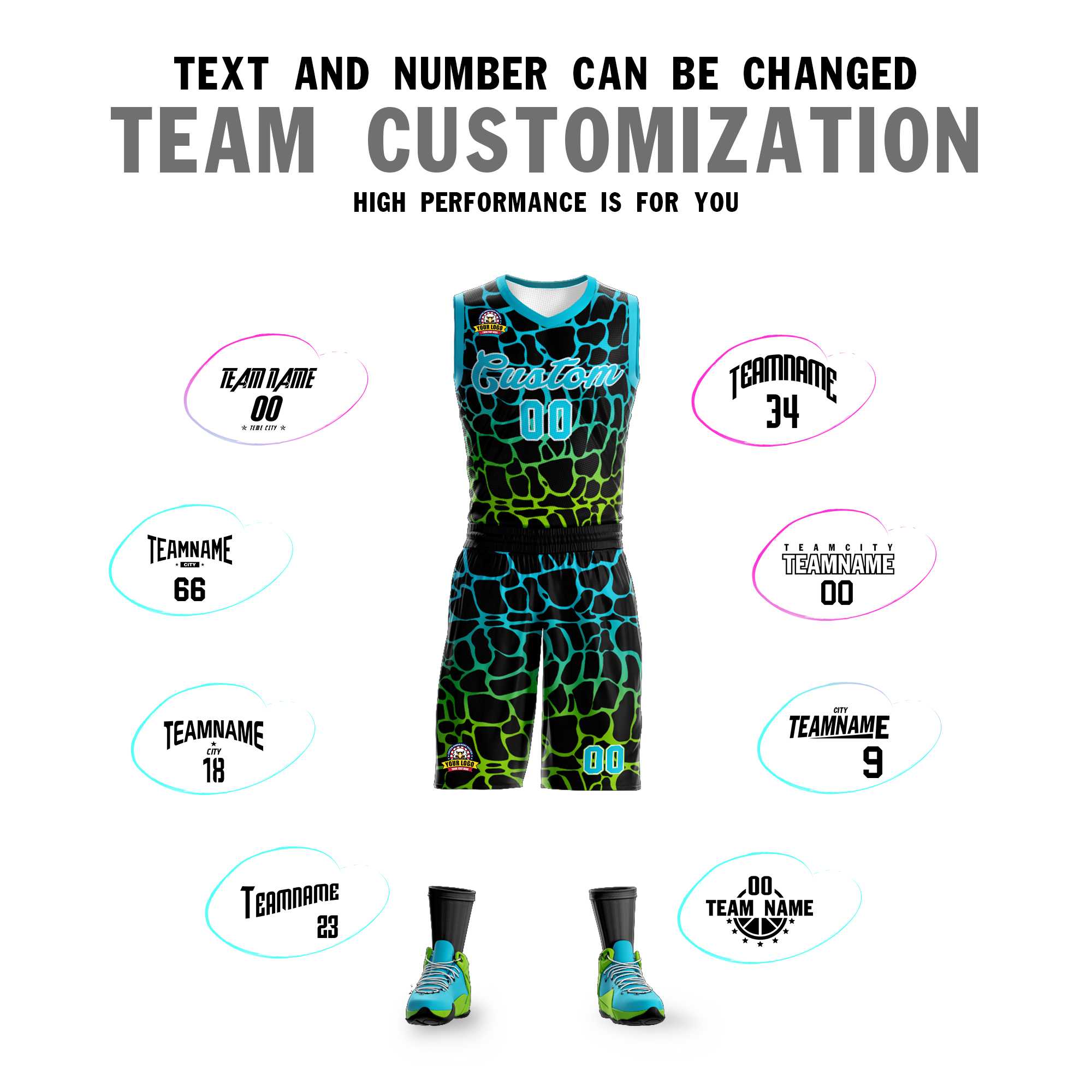 Benutzerdefinierte schwarz Himmel blau-neongrün gefleckt Graffiti Muster Sport Uniform Basketball Jersey