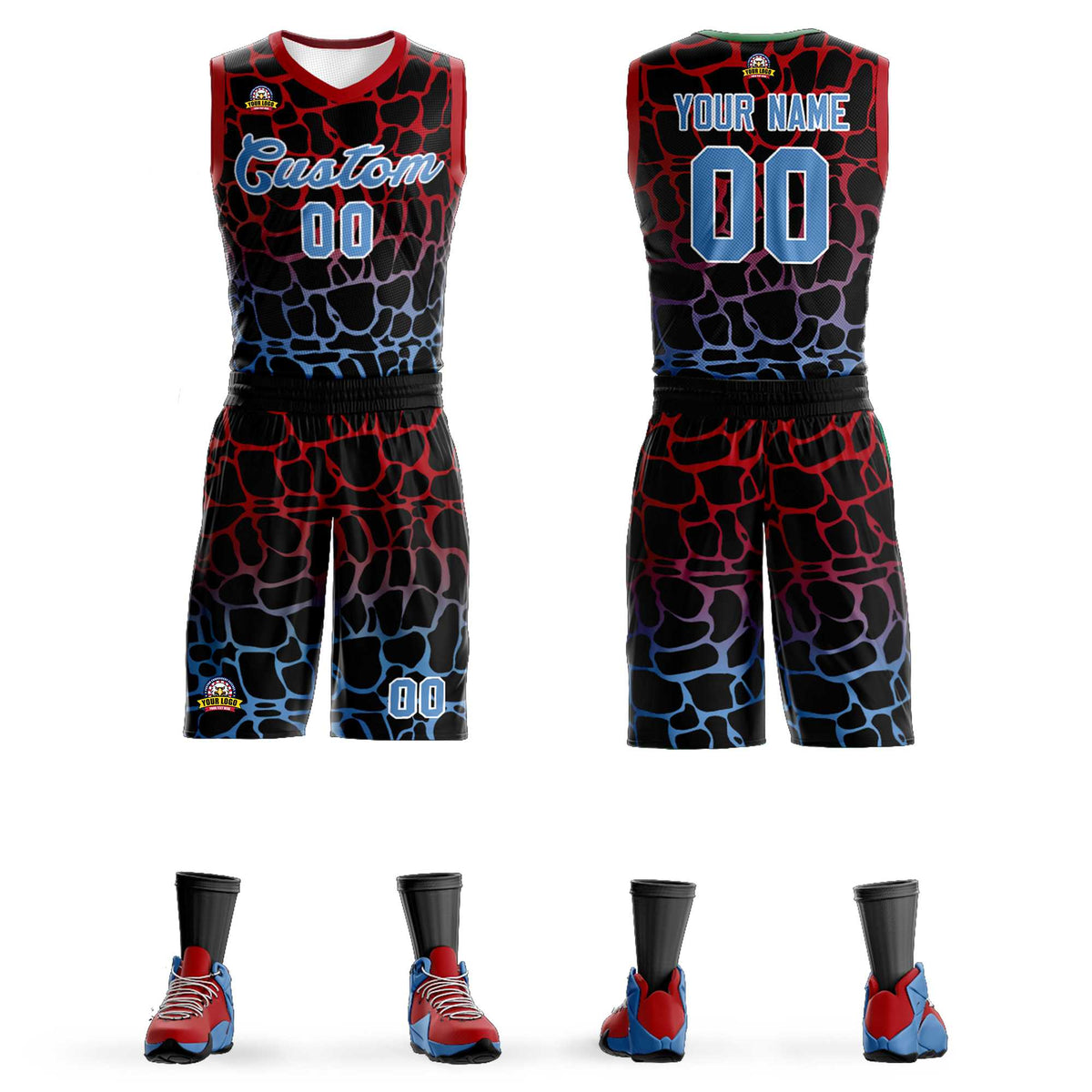 Maillot de basket-ball personnalisé à motif graffiti tacheté noir, rouge et bleu poudre