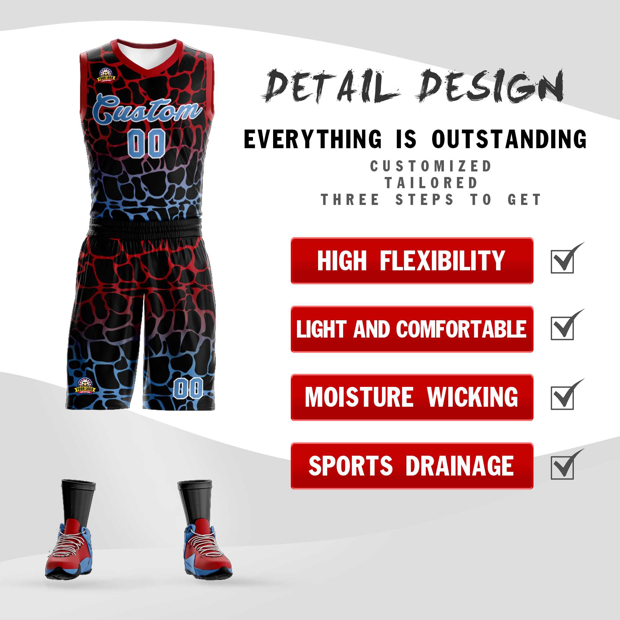 Benutzerdefinierte schwarz rot-puderblau gefleckt Graffiti Muster Sport Uniform Basketball Jersey