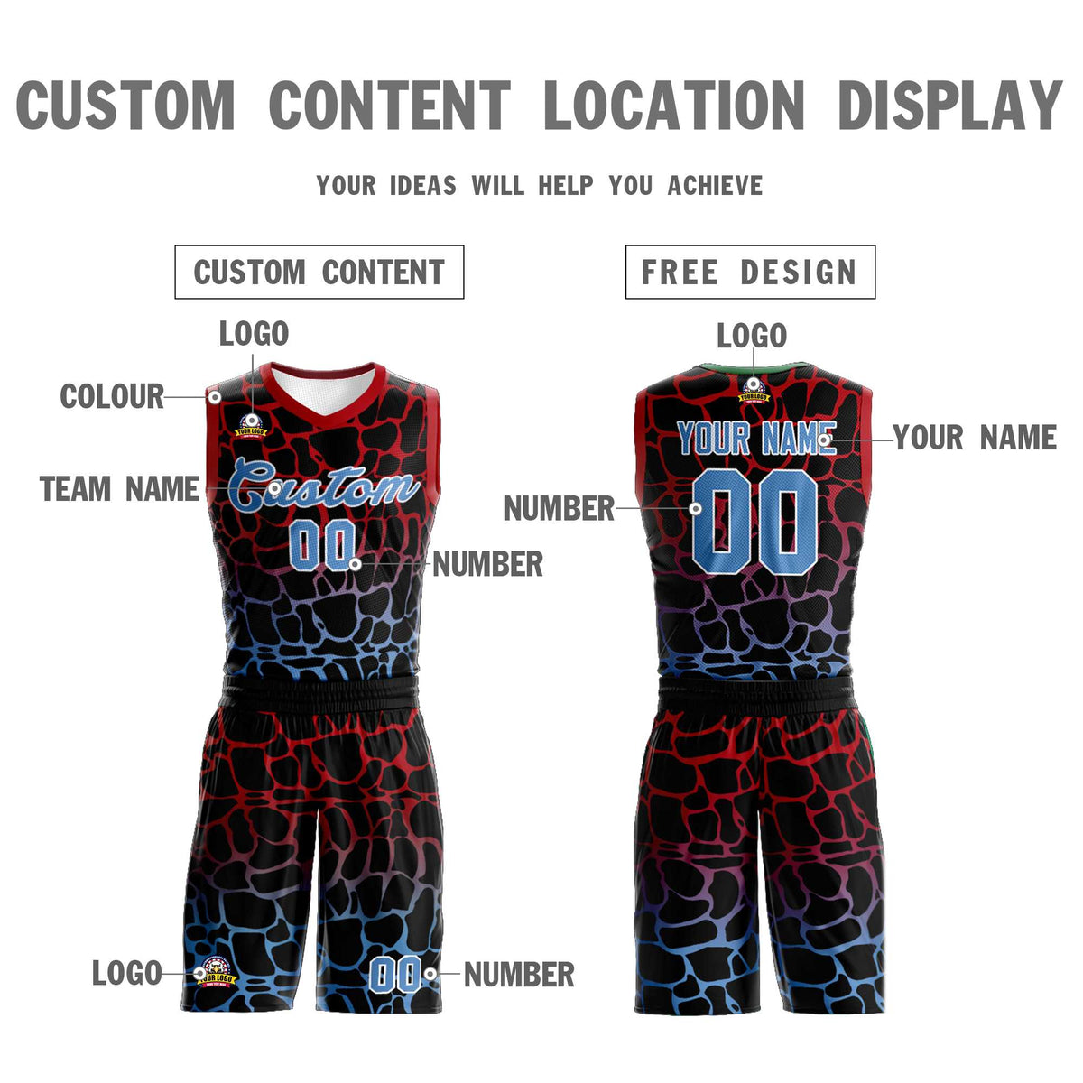 Maillot de basket-ball personnalisé à motif graffiti tacheté noir, rouge et bleu poudre
