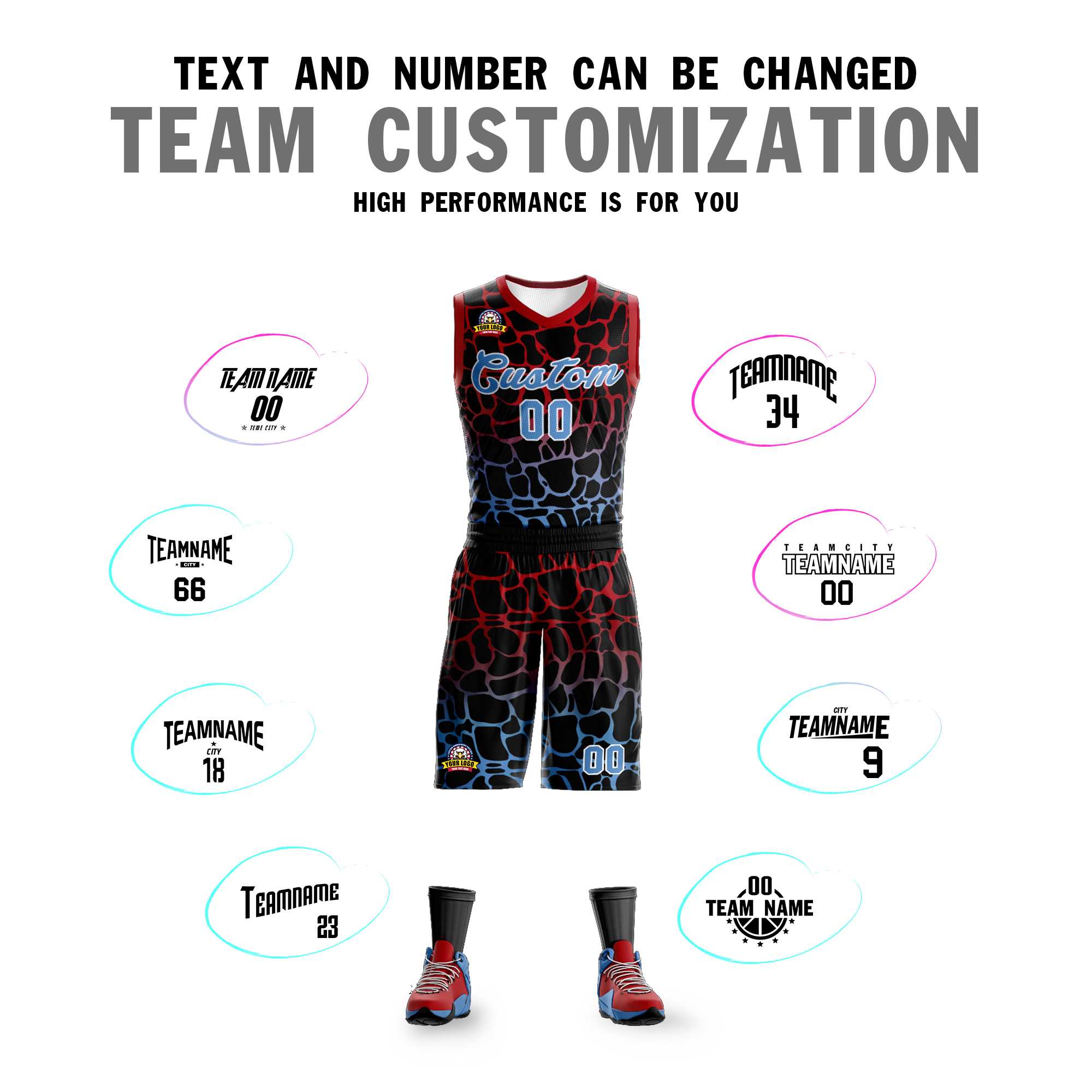 Benutzerdefinierte schwarz rot-puderblau gefleckt Graffiti Muster Sport Uniform Basketball Jersey