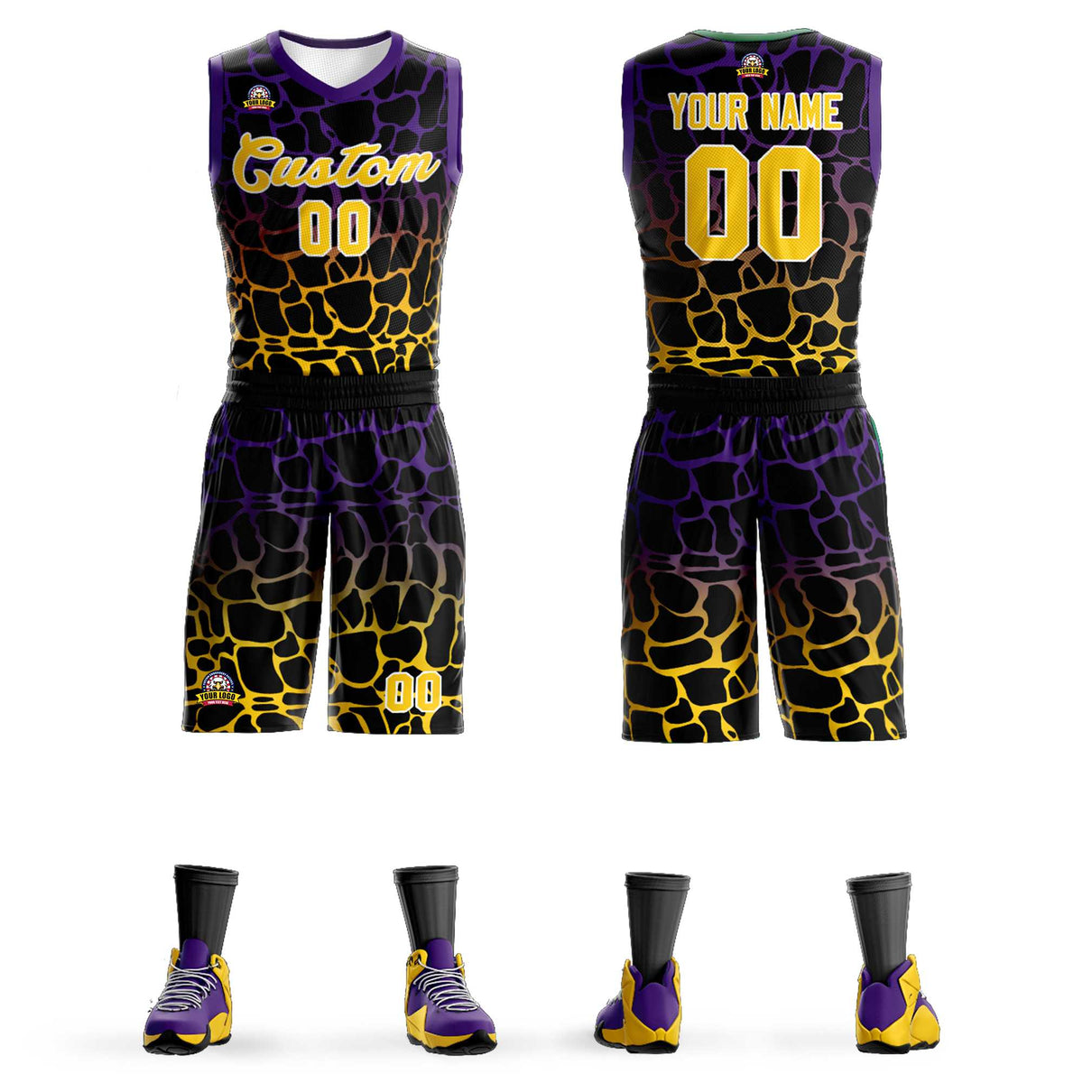 Maillot de basket-ball personnalisé à motif graffiti tacheté noir violet-jaune