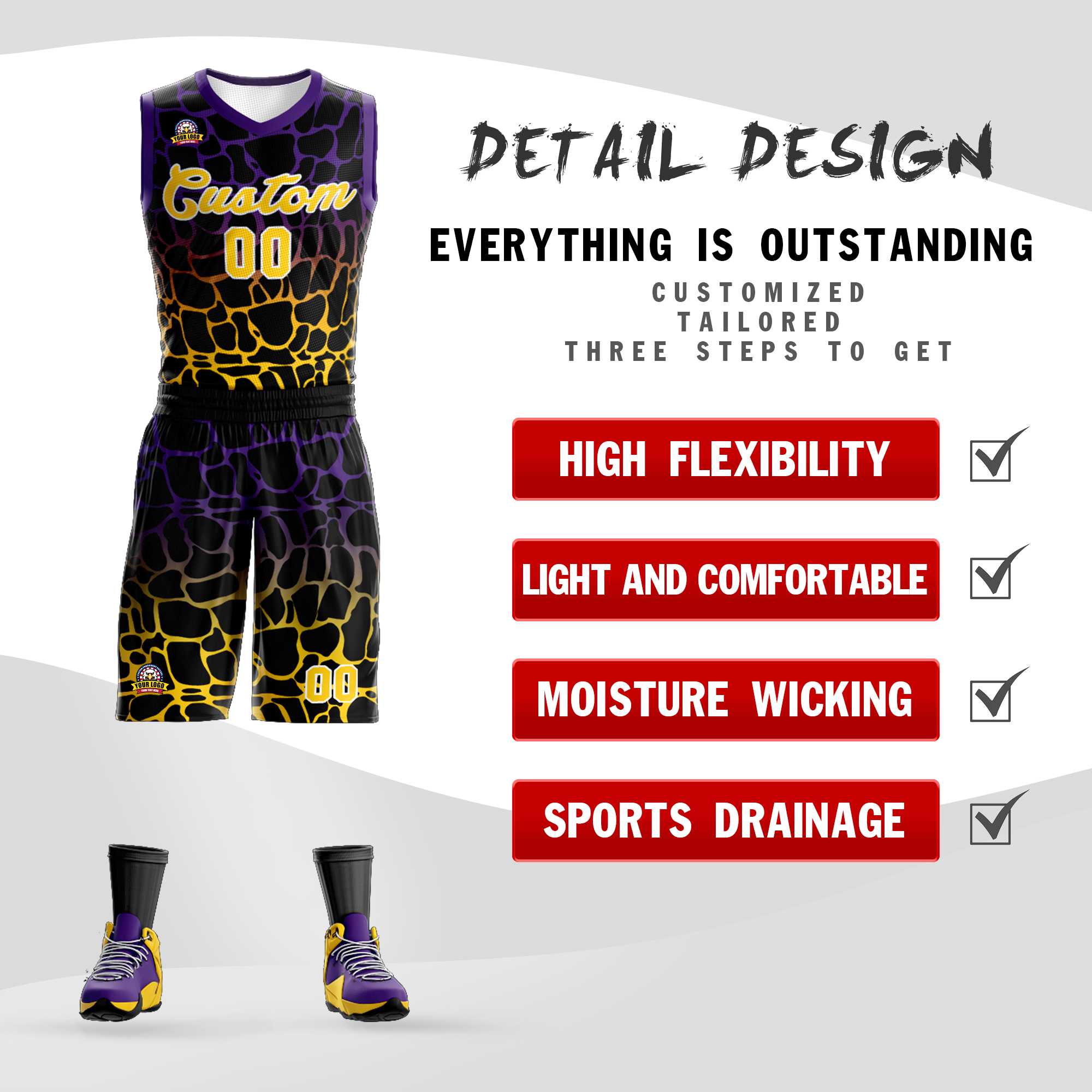 Benutzerdefinierte schwarz lila-gelb gefleckt Graffiti Muster Sport Uniform Basketball Jersey
