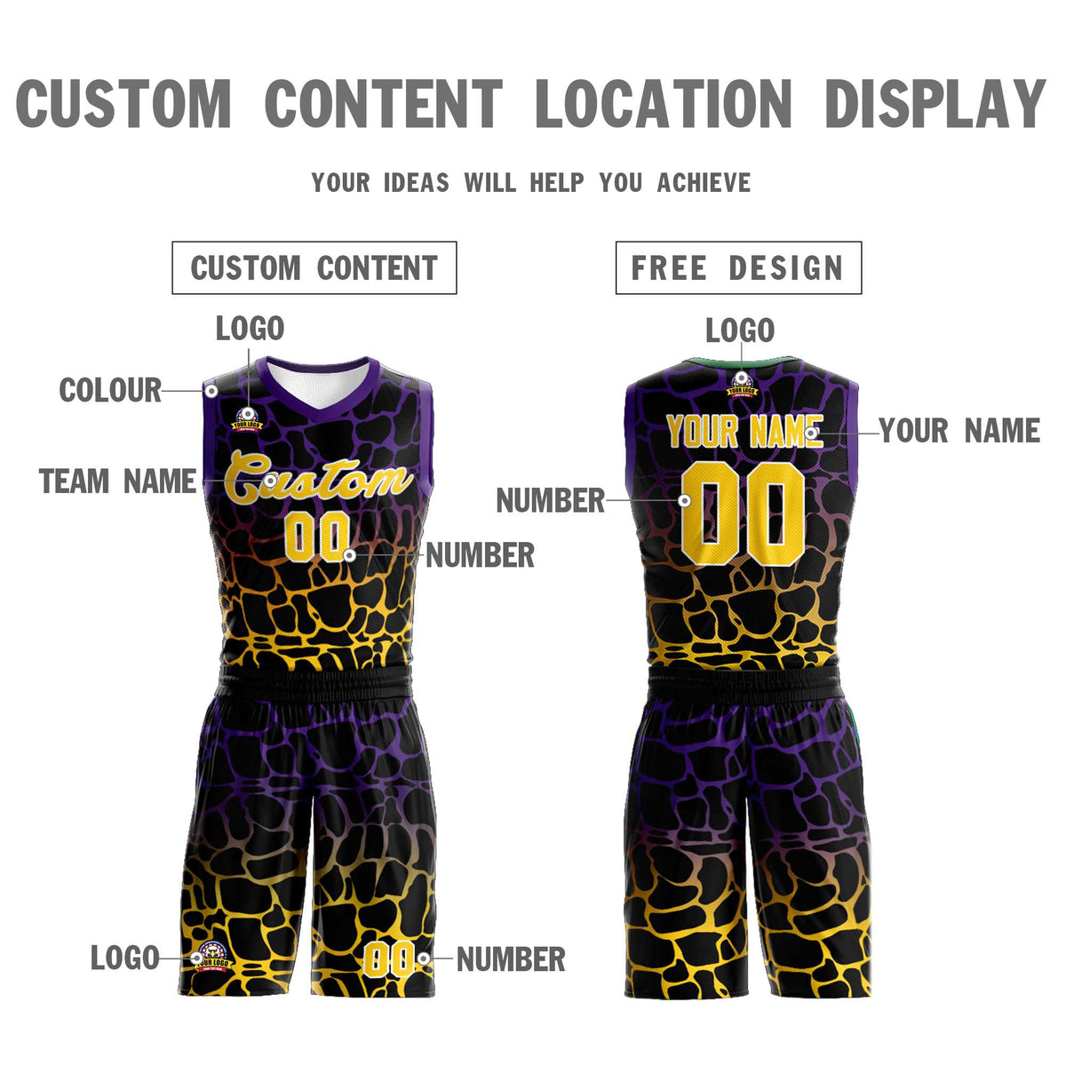 Maillot de basket-ball personnalisé à motif graffiti tacheté noir violet-jaune
