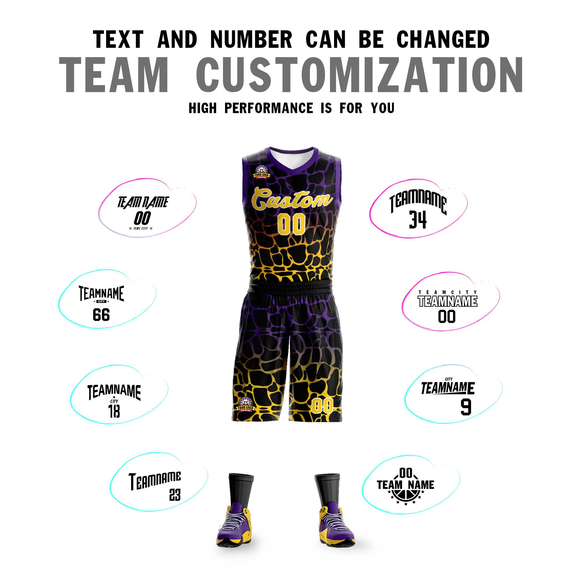 Benutzerdefinierte schwarz lila-gelb gefleckt Graffiti Muster Sport Uniform Basketball Jersey