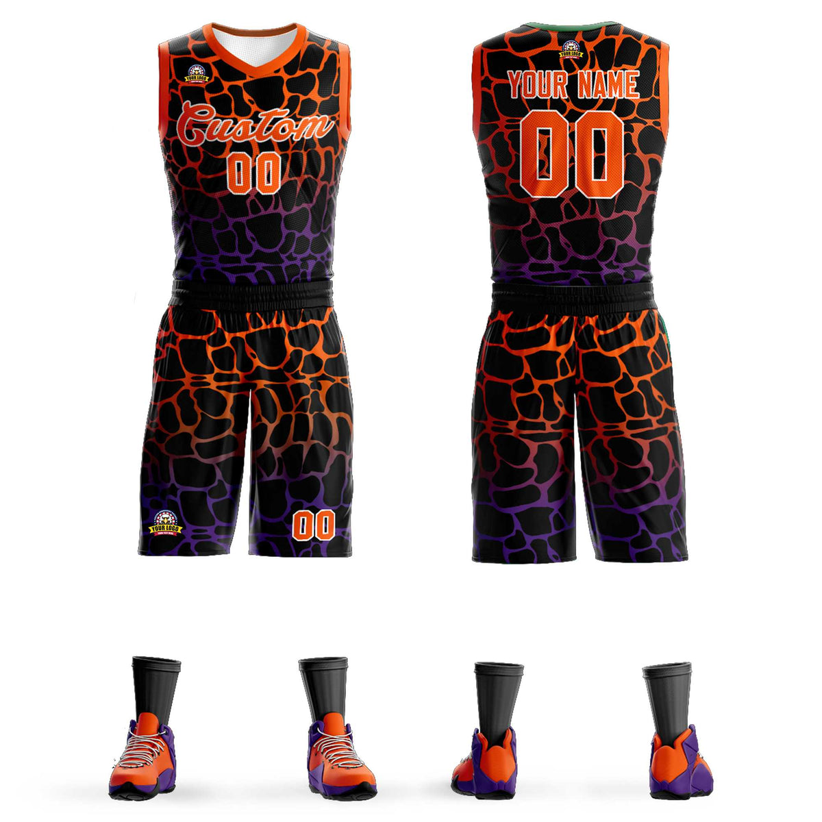 Maillot de basket-ball personnalisé à motif graffiti tacheté noir orange-violet