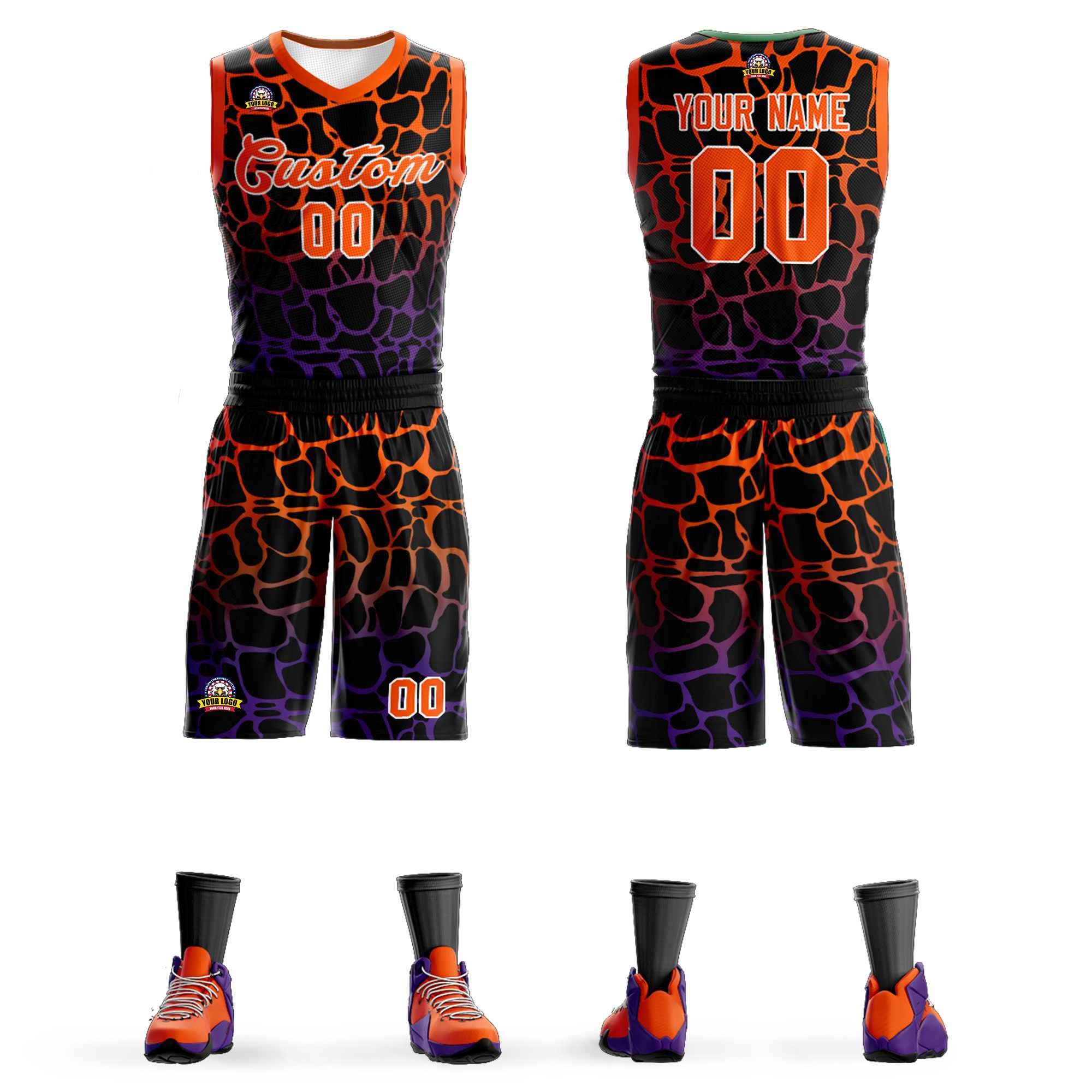 Benutzerdefinierte schwarz orange-lila gefleckt Graffiti Muster Sport Uniform Basketball Jersey