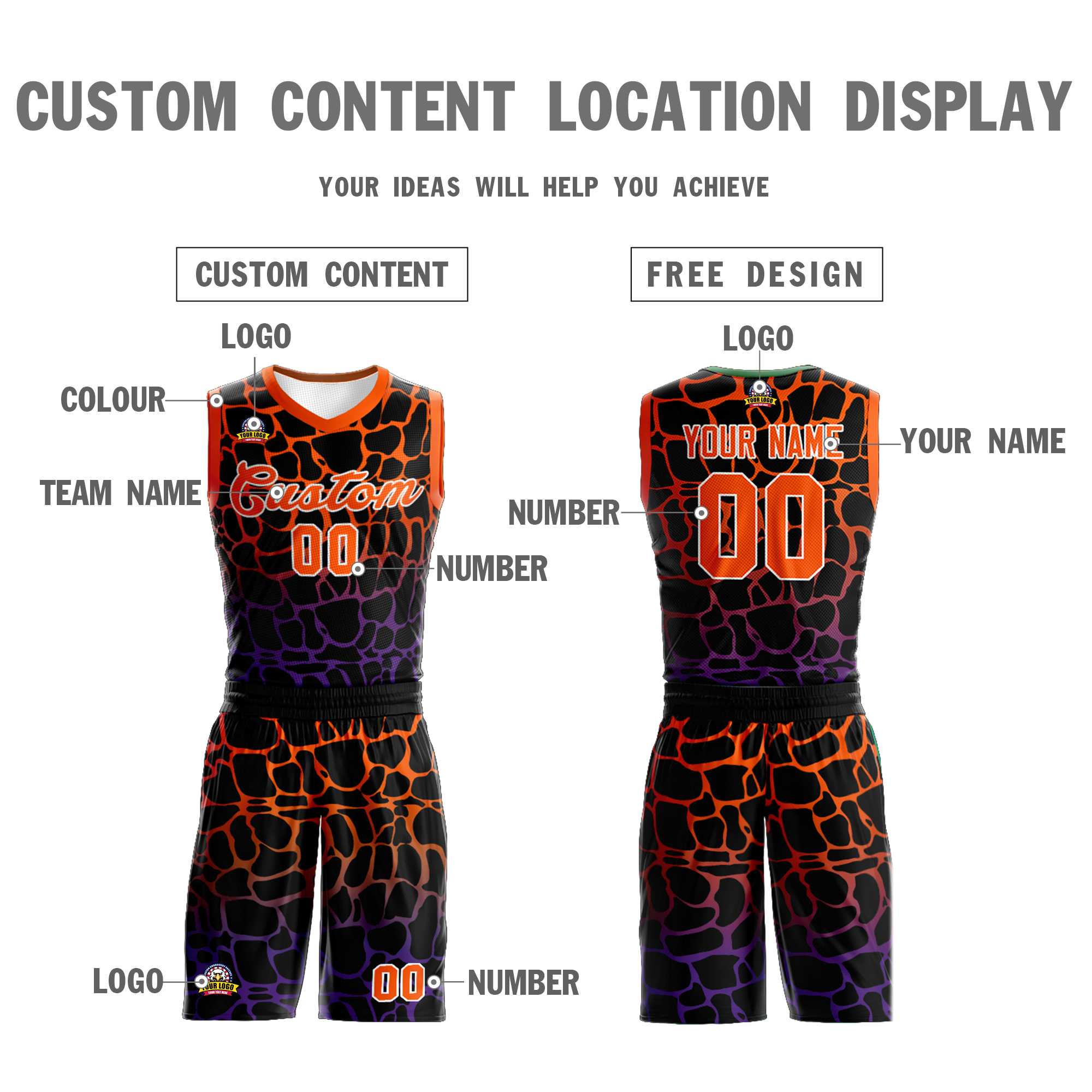 Benutzerdefinierte schwarz orange-lila gefleckt Graffiti Muster Sport Uniform Basketball Jersey