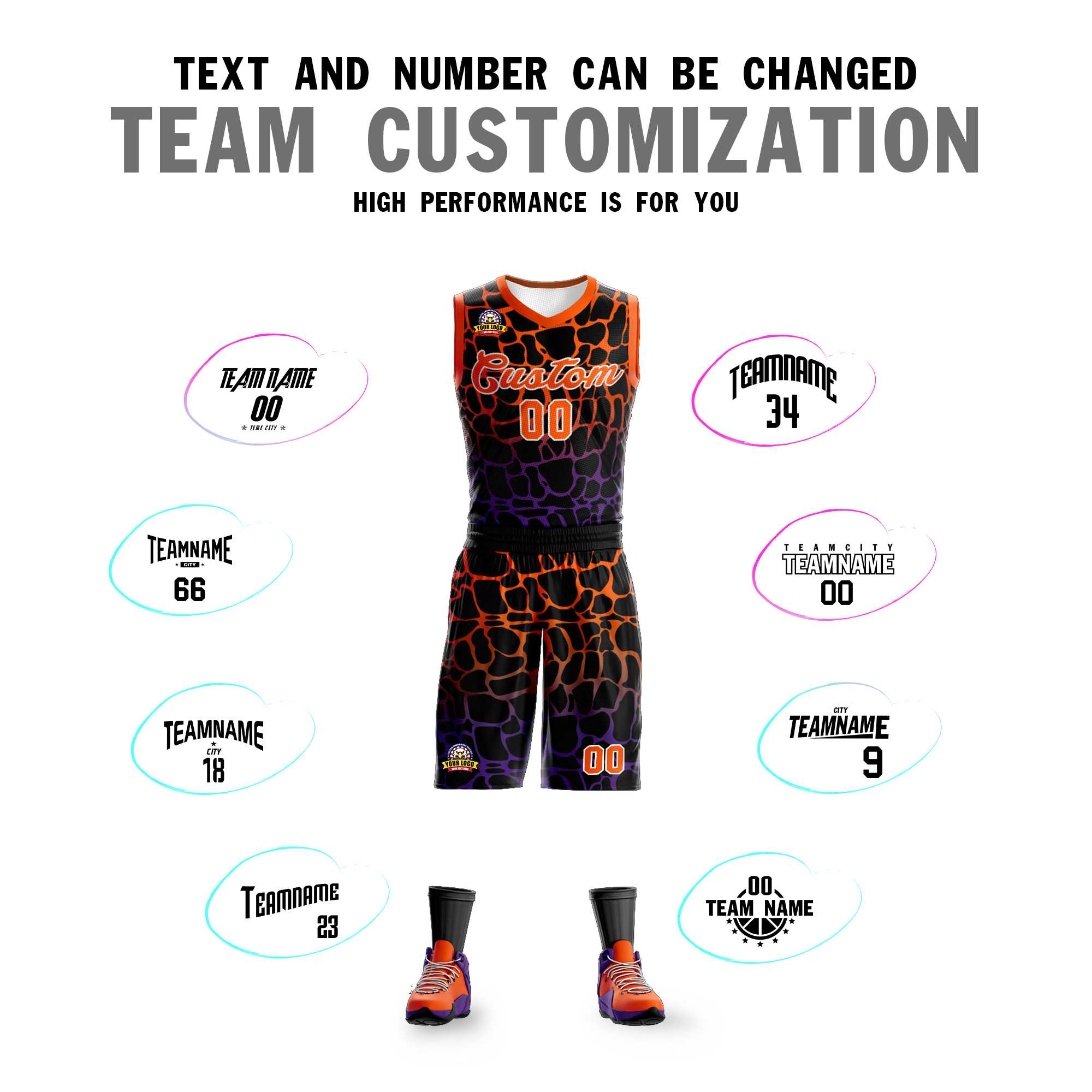 Benutzerdefinierte schwarz orange-lila gefleckt Graffiti Muster Sport Uniform Basketball Jersey