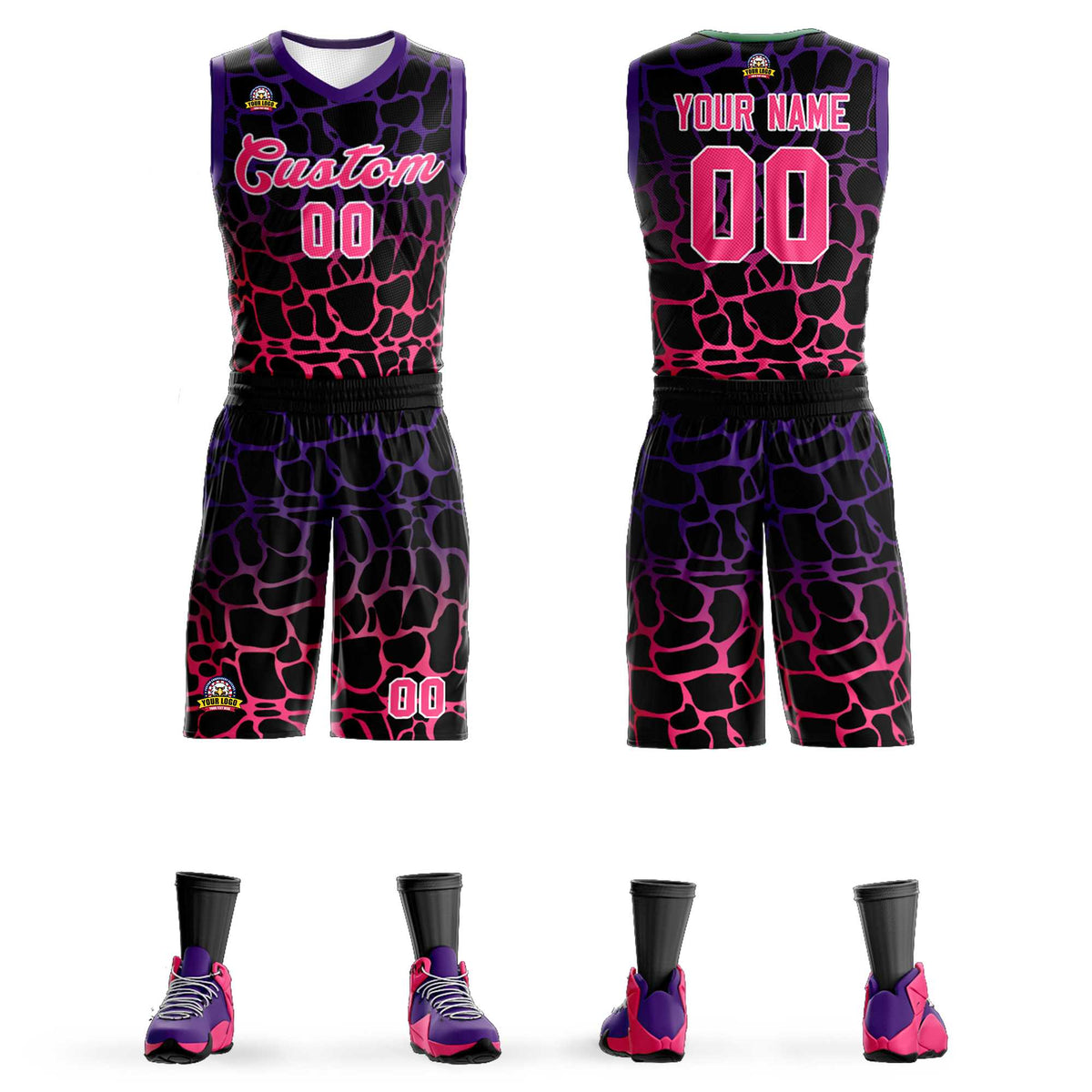 Maillot de basket-ball personnalisé à motif graffiti tacheté noir violet-rose
