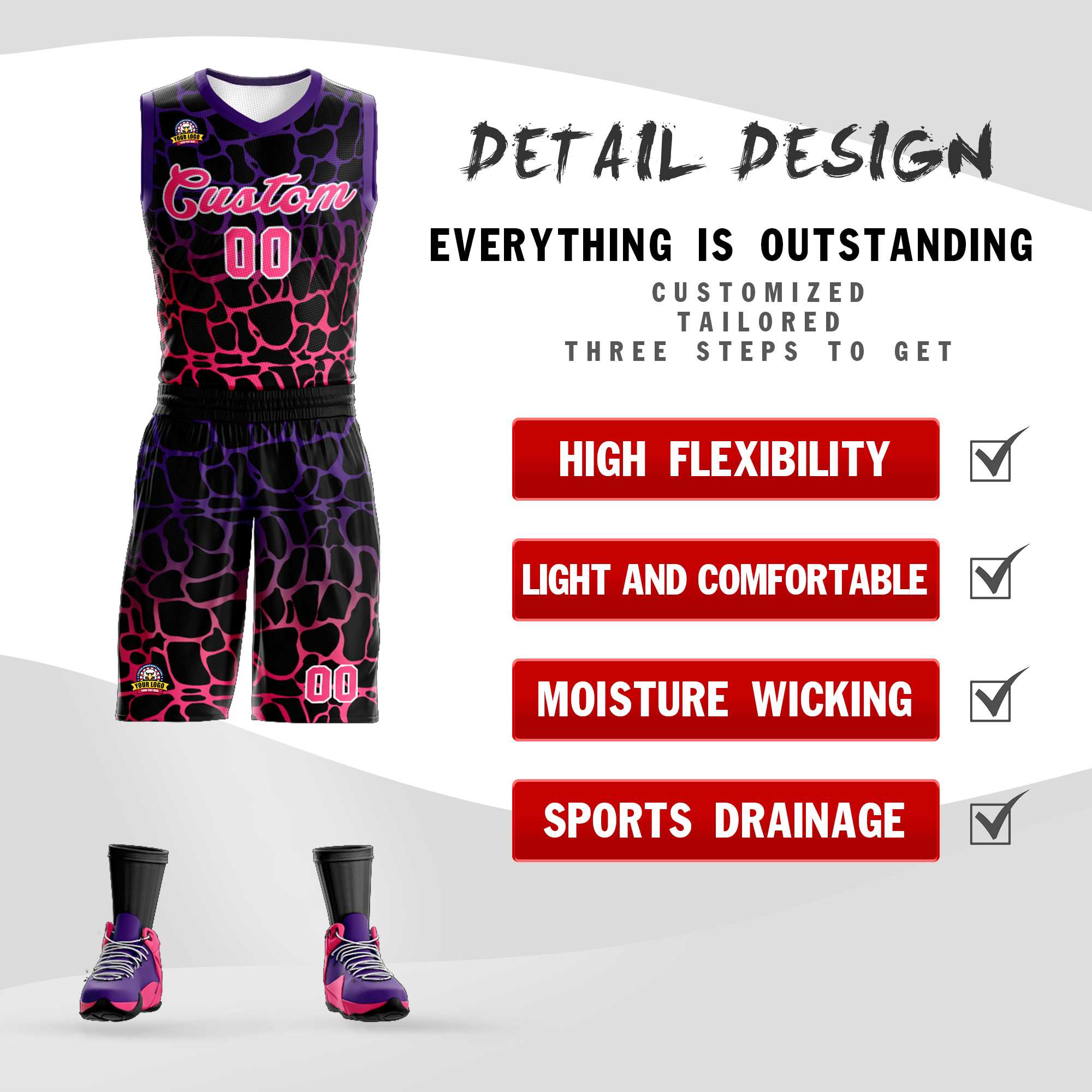 Benutzerdefinierte schwarz lila-pink gefleckt Graffiti Muster Sport Uniform Basketball Jersey