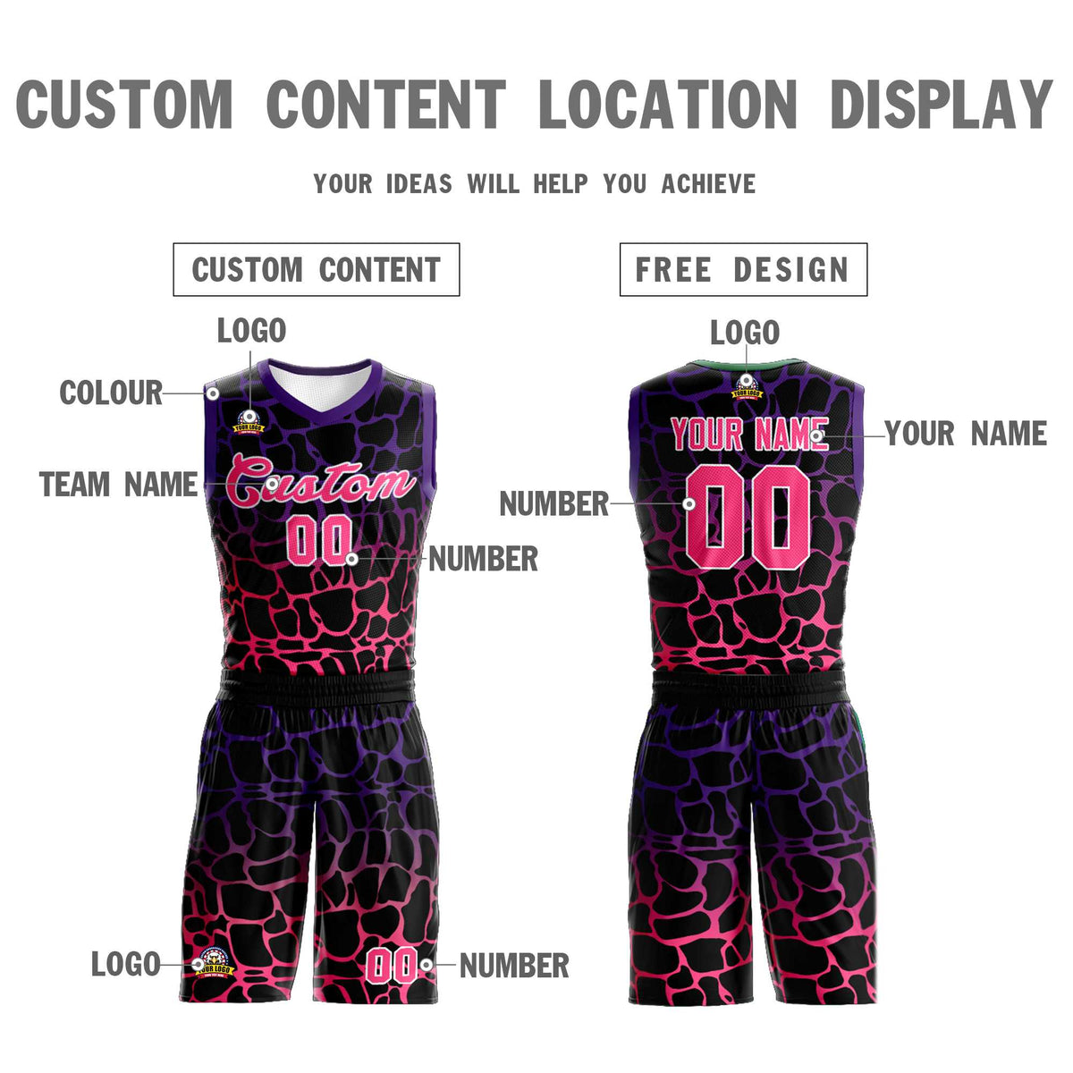 Maillot de basket-ball personnalisé à motif graffiti tacheté noir violet-rose