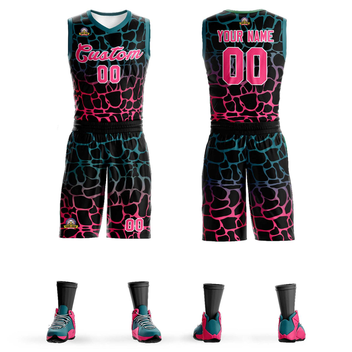 Maillot de basket-ball personnalisé à motif graffiti tacheté noir vert minuit-rose