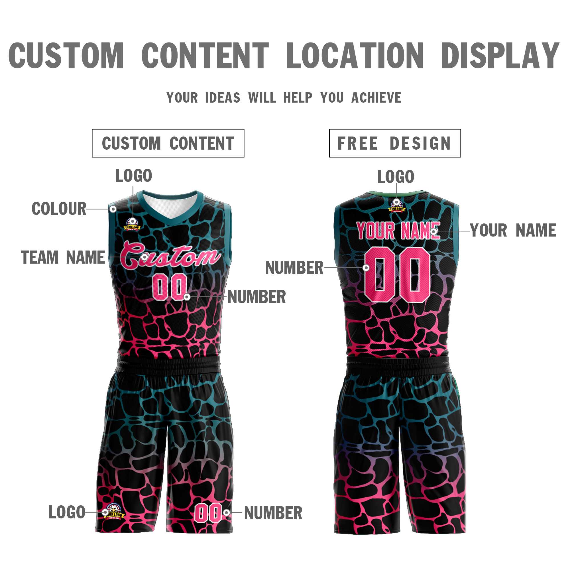 Benutzerdefinierte schwarz Mitternacht grün-pink gefleckt Graffiti Muster Sport Uniform Basketball Jersey