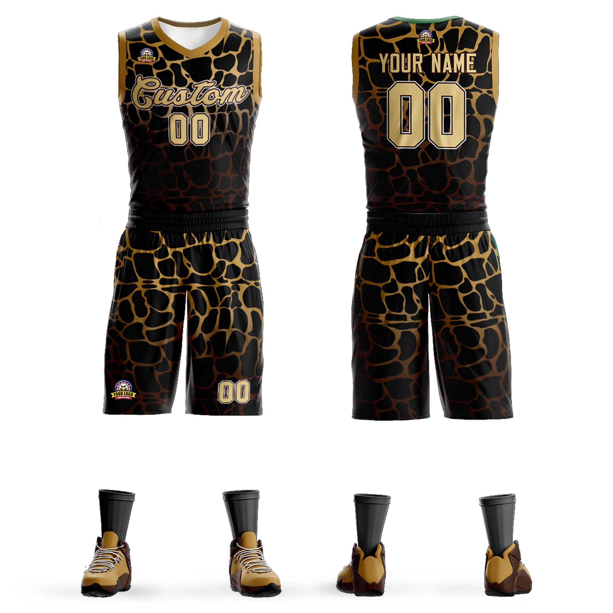 Benutzerdefinierte schwarz gold-braun gefleckte Graffiti-Muster Sport Uniform Basketball Jersey