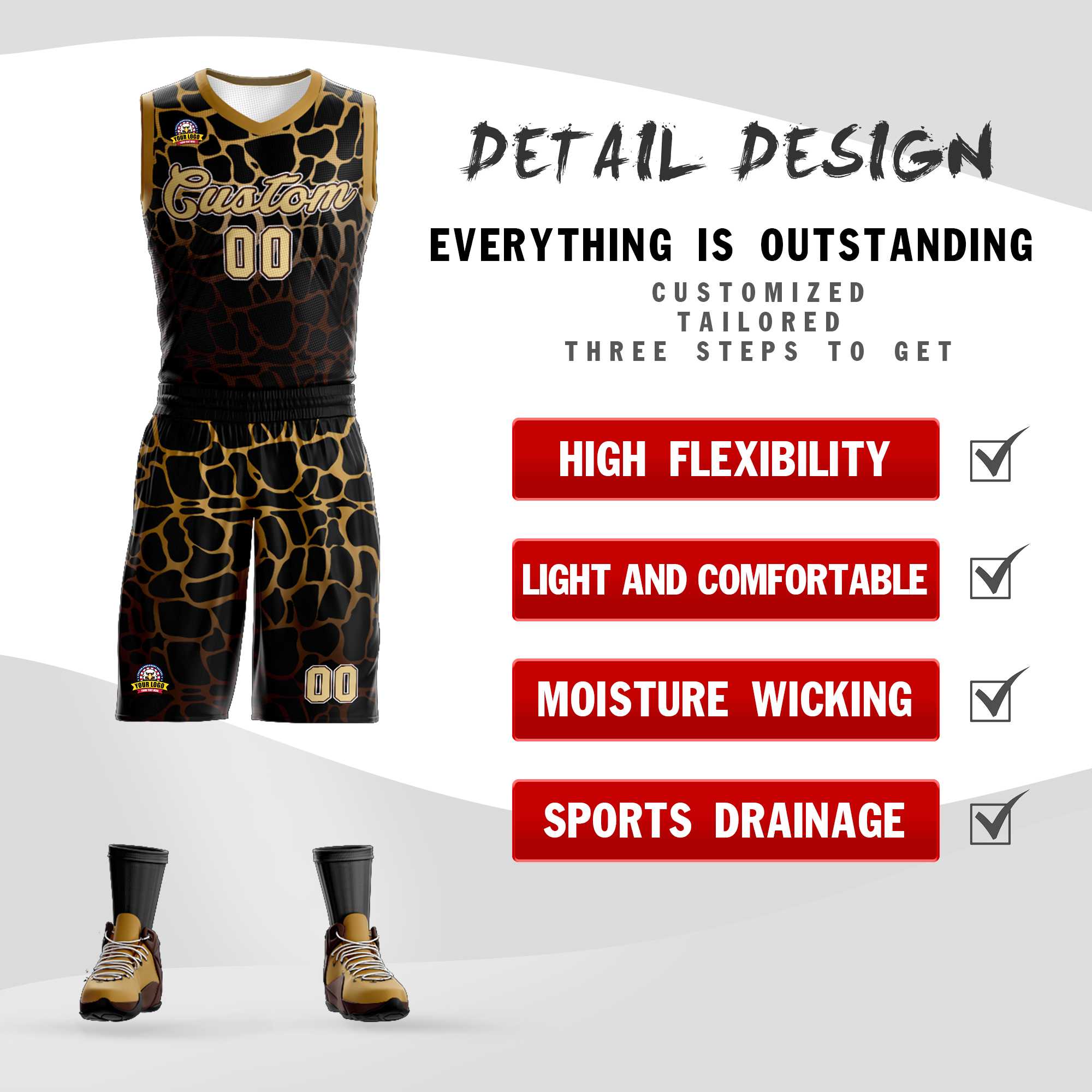 Benutzerdefinierte schwarz gold-braun gefleckte Graffiti-Muster Sport Uniform Basketball Jersey