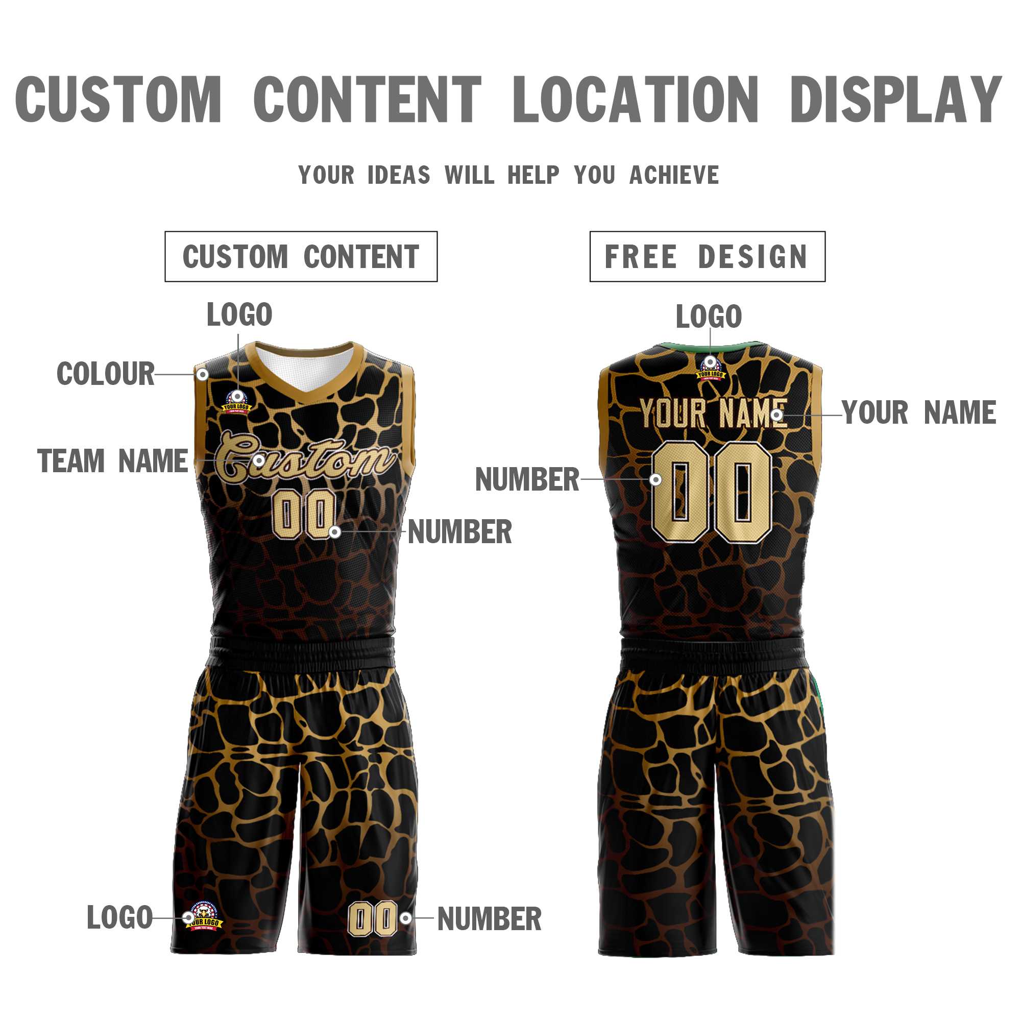 Benutzerdefinierte schwarz gold-braun gefleckte Graffiti-Muster Sport Uniform Basketball Jersey