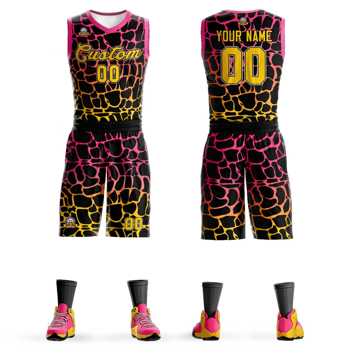 Maillot de basket-ball personnalisé à motif graffiti tacheté noir rose-jaune