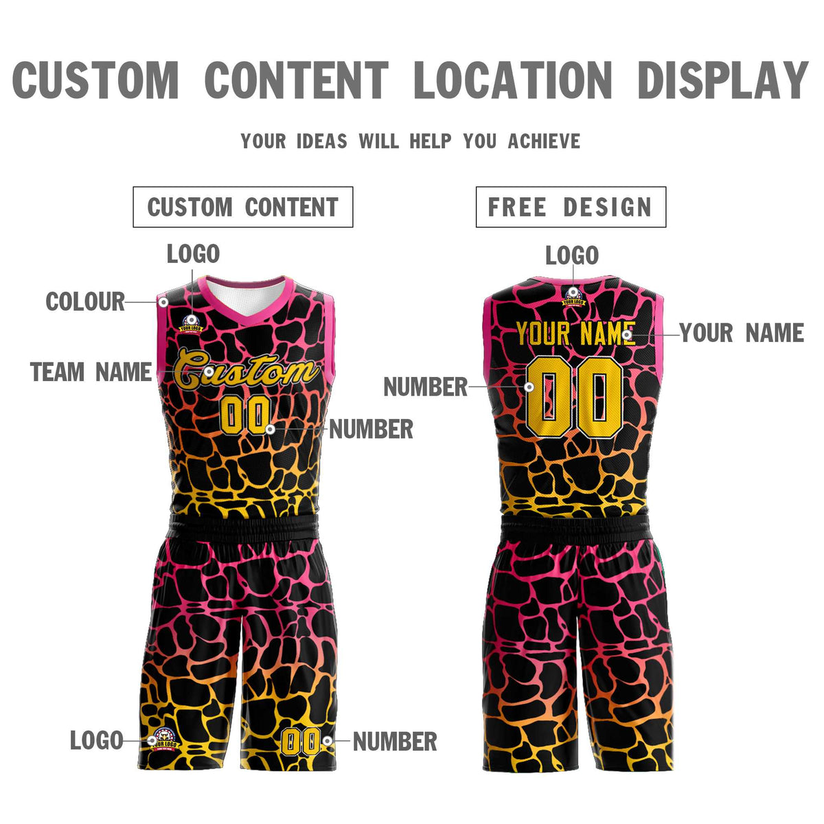 Maillot de basket-ball personnalisé à motif graffiti tacheté noir rose-jaune