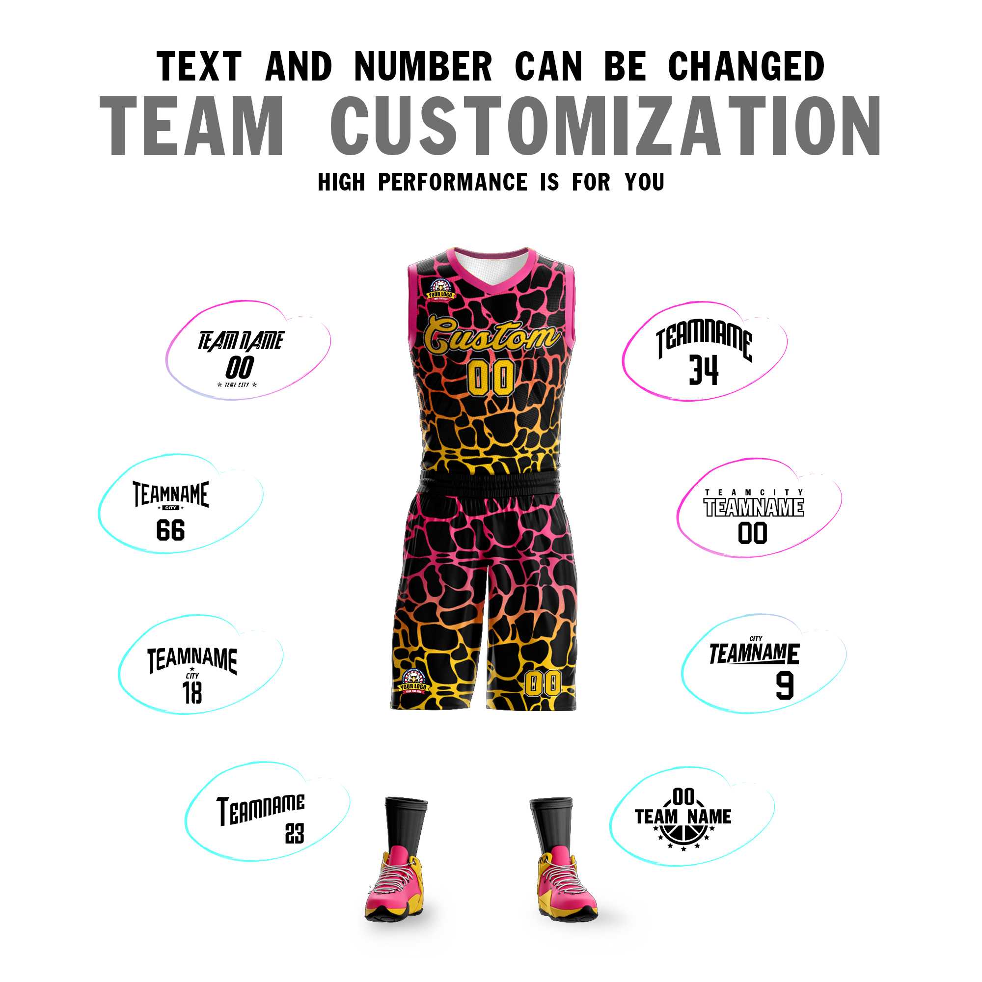 Benutzerdefinierte schwarz rosa-gelb gefleckt Graffiti Muster Sport Uniform Basketball Jersey